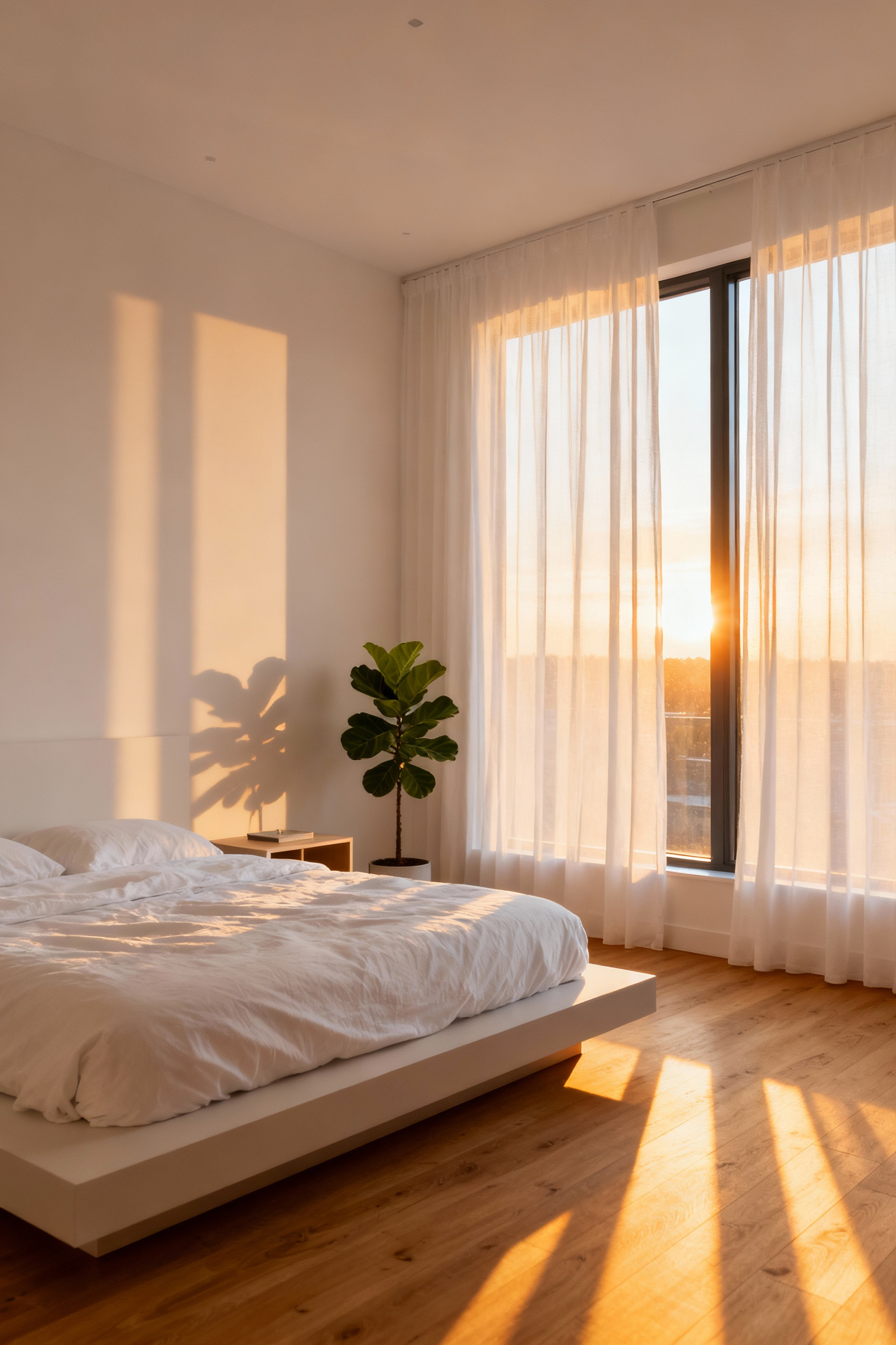 A bright, serene East-facing bedroom illuminated by soft, warm golden light filtering through sheer curtains in the early morning, showcasing minimalist decor.