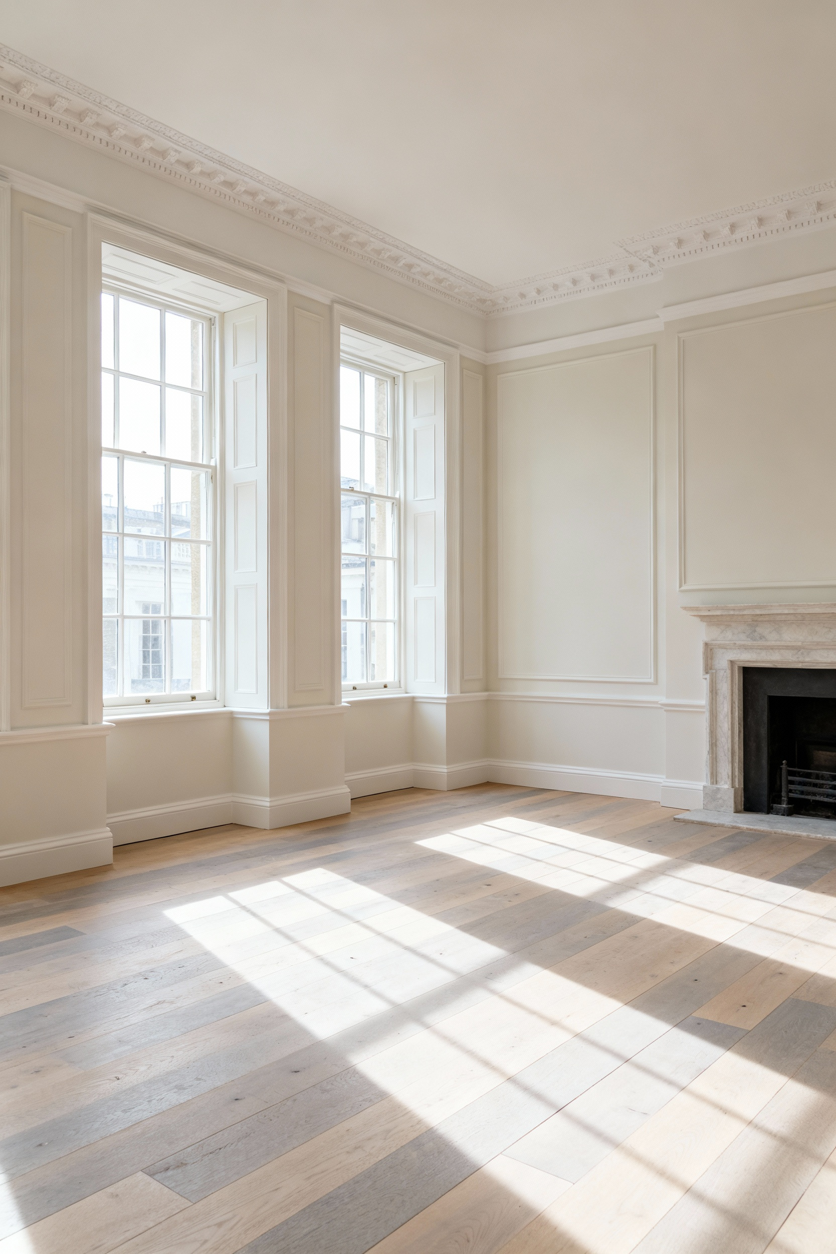A photograph of an empty, newly restored Georgian living room featuring creamy white walls, light oak flooring, and intricate crown molding, emphasizing a foundational neutral palette.