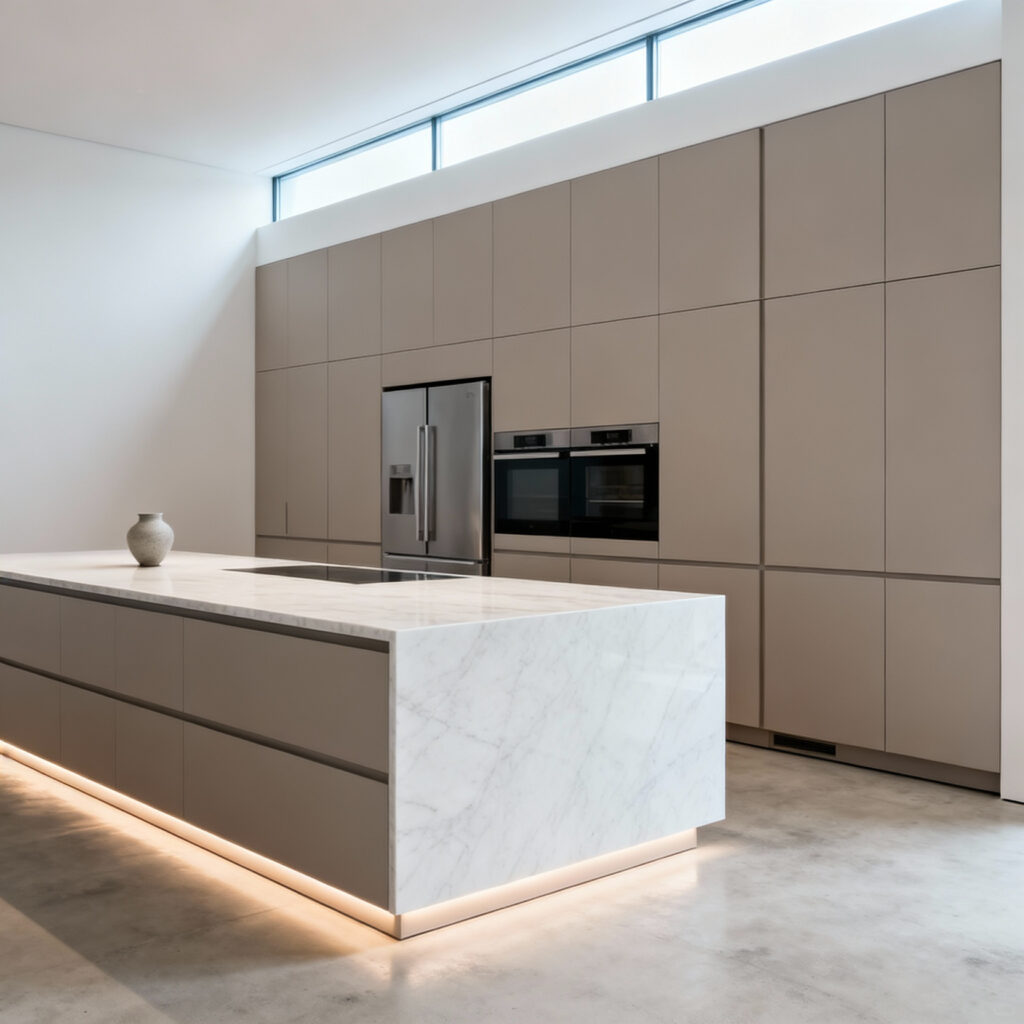 Minimalist modern kitchen featuring handleless, floor-to-ceiling matte taupe cabinetry and a monolithic marble island, designed for mental clarity and a peaceful environment.