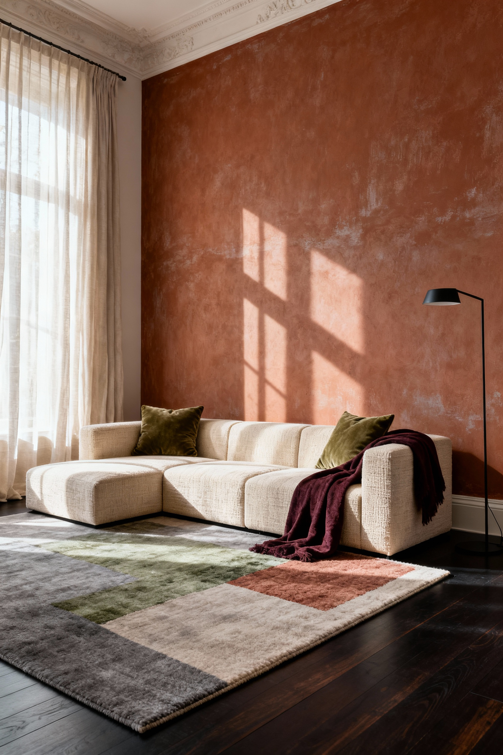 Living room decorated with sophisticated 'muddy' palette featuring chalky terracotta walls, cream linen sofa, and muted olive accents demonstrating modern architectural tension.
