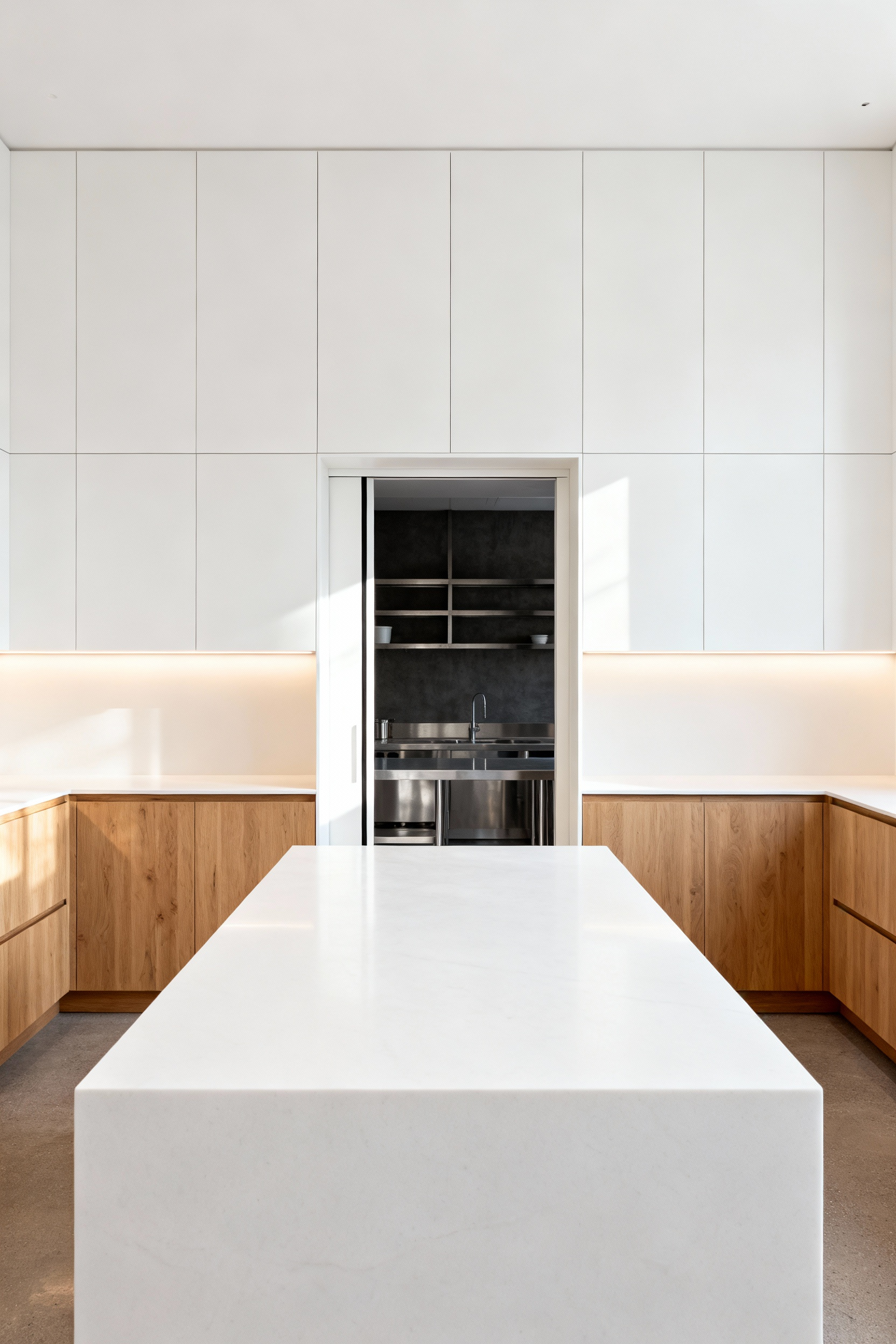 Seamless modern white oak and matte white kitchen featuring a hidden pocket door slightly ajar, revealing the utilitarian stainless steel shelving and darker interior of a concealed butler's pantry.