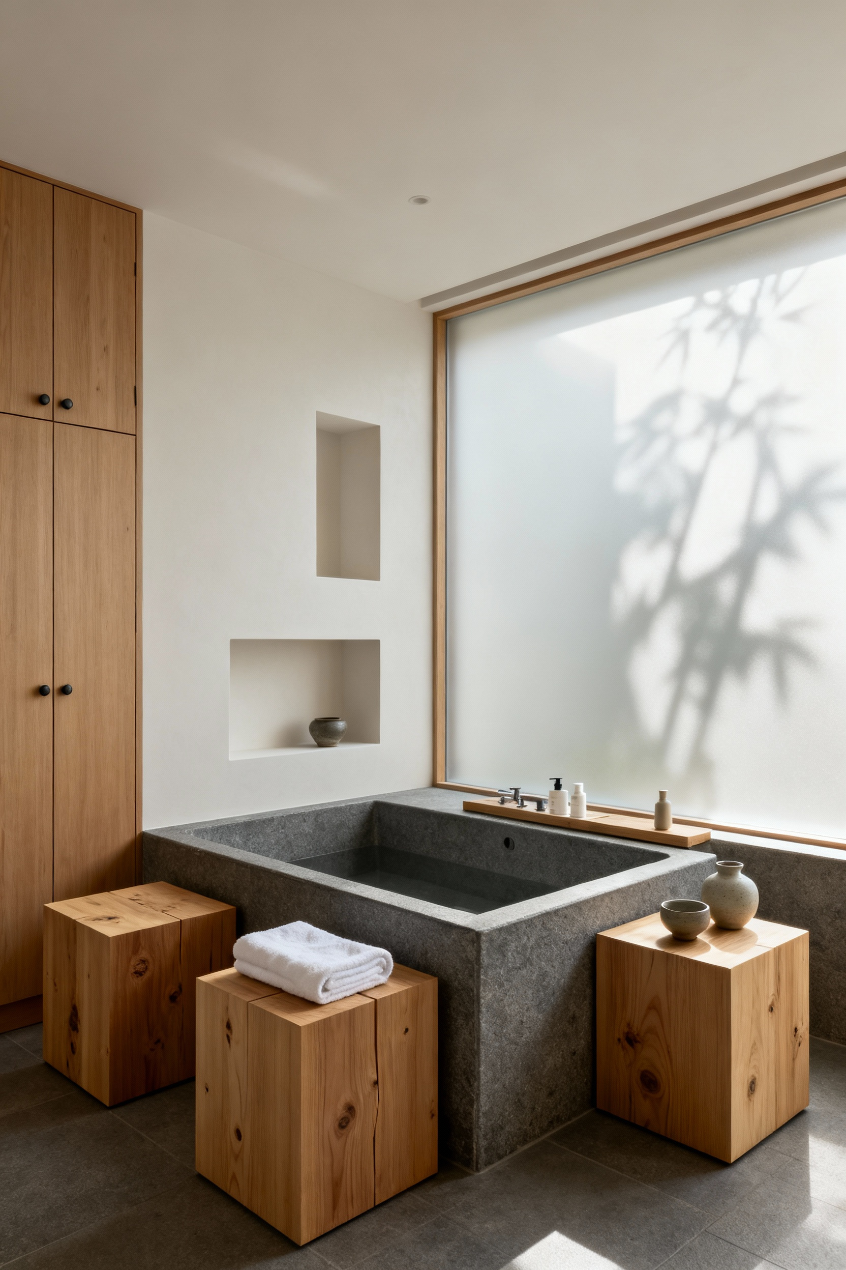 A serene, minimalist bathroom featuring adaptable Kanso-style storage solutions. The image shows built-in, concealed natural wood cabinetry and modular cypress cubes around a hinoki tub, emphasized by soft natural light and ample negative space, creating a calm and functional environment.