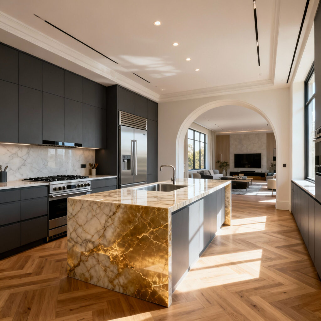 Panoramic view of a luxurious, architecturally designed kitchen showing the strategic layout of the sink, stove, and refrigerator to create an efficient work triangle and smooth traffic flow.