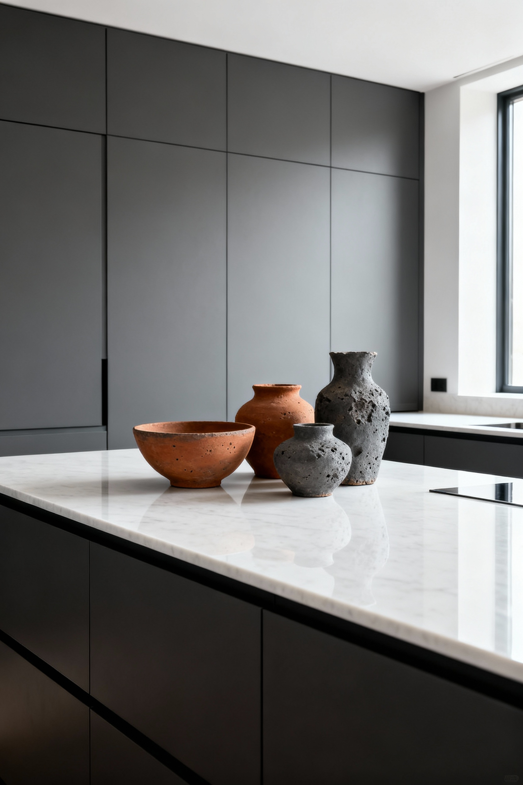 Modern kitchen design showcasing textural contrast with handmade raw ceramic vessels resting on a bright white engineered quartz countertop.