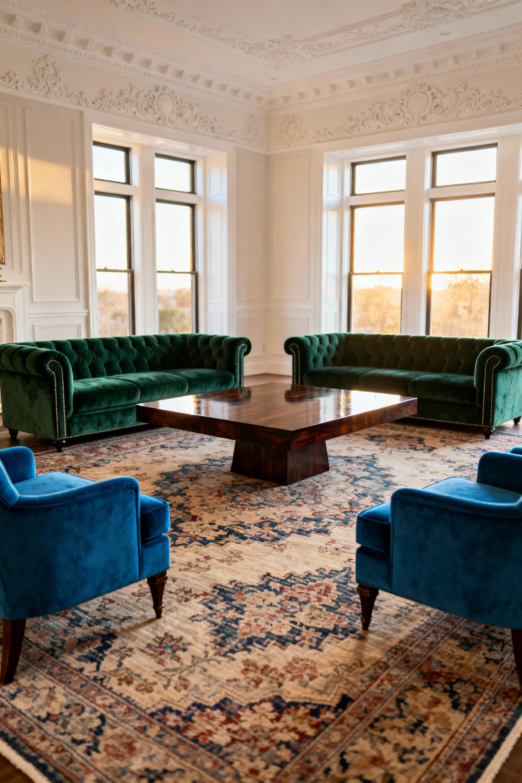 A luxurious living room layout featuring a central conversational island of sofas and chairs pulled away from the walls, anchored by a large Oushak area rug for improved spatial flow.