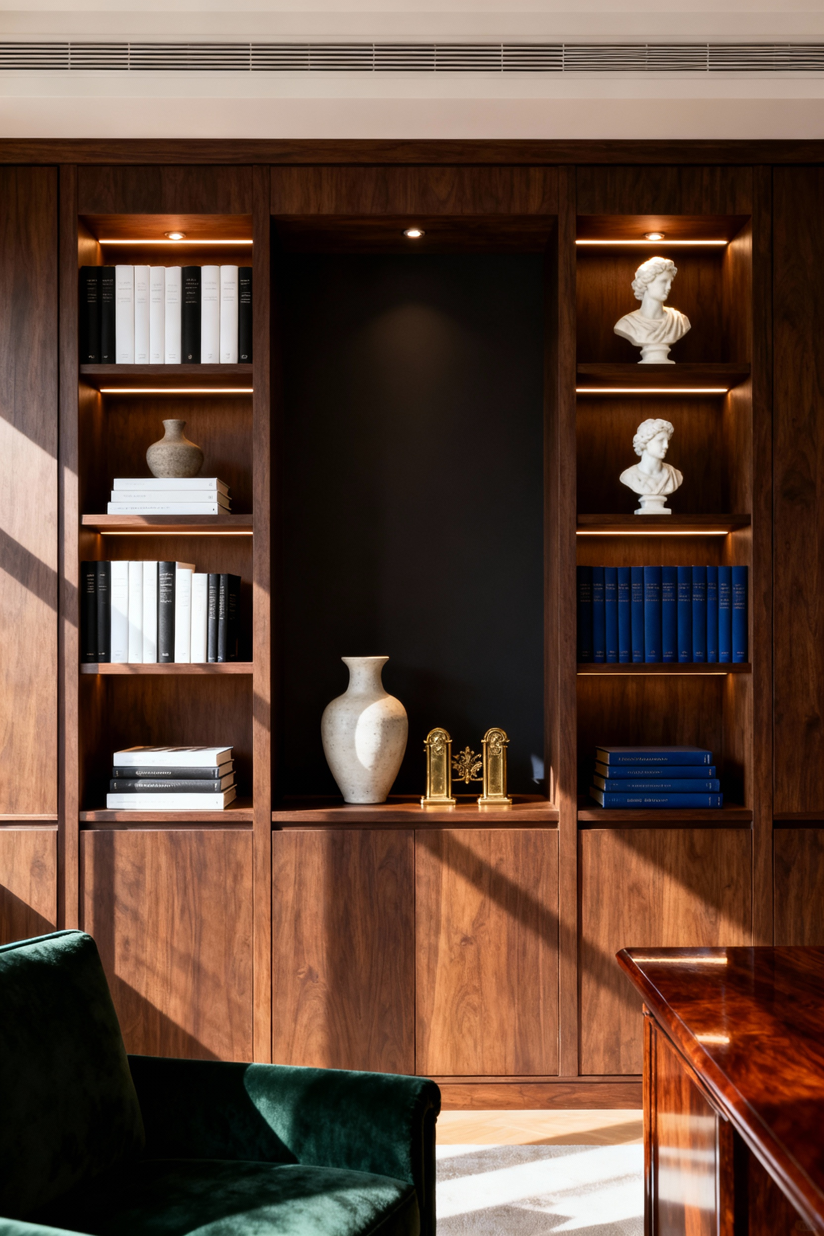 Architectural interior photograph of a luxurious living room built-in bookshelf styled with significant negative space and curated objects, demonstrating the restrained 'Library' decorating effect.