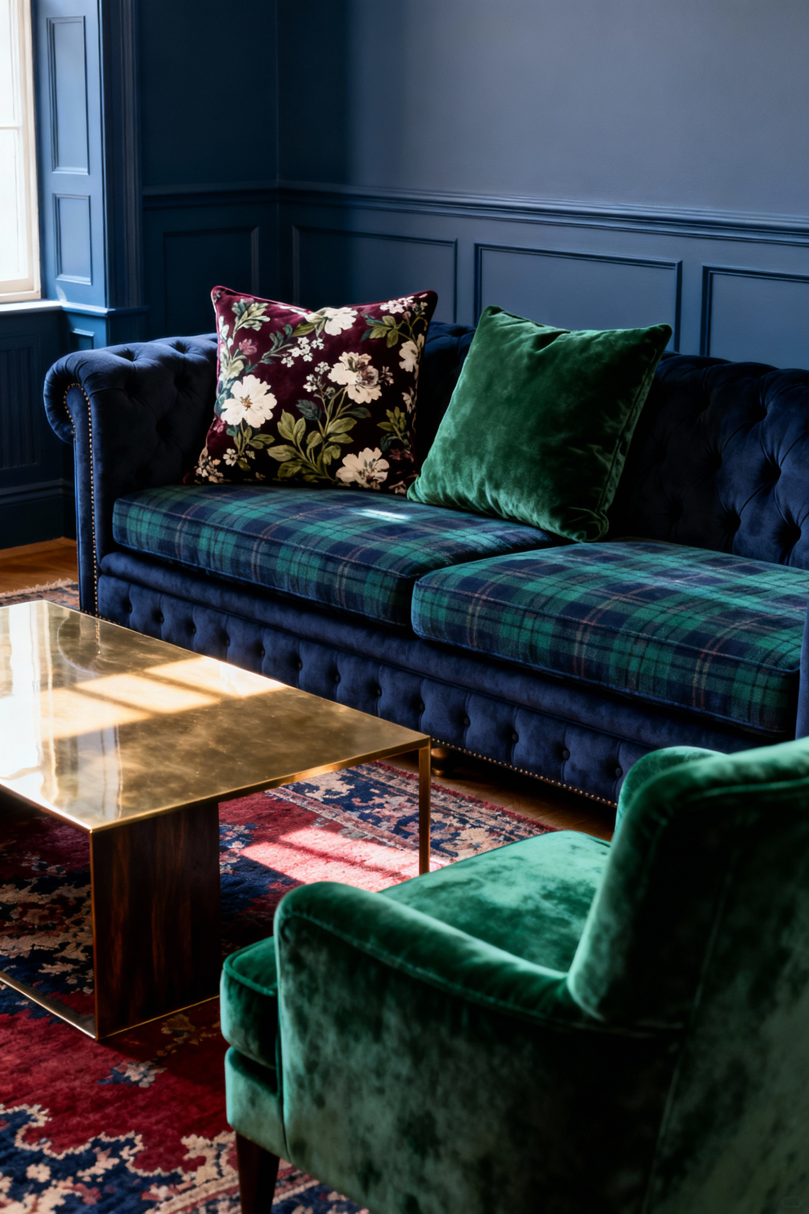 A sophisticated living room featuring a patterned clash: a deep navy tartan Chesterfield sofa layered with floral and solid hunter-green velvet pillows, next to an emerald velvet armchair against a dark blue paneled wall.