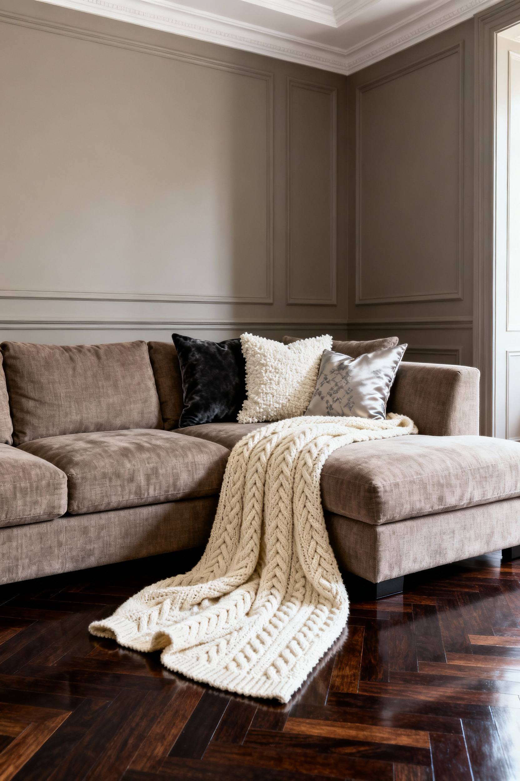 Luxurious taupe linen sectional sofa layered with a thick cream knit throw and assorted textural pillows, demonstrating the Three-Layer Formula for textile application in a high-end living room.