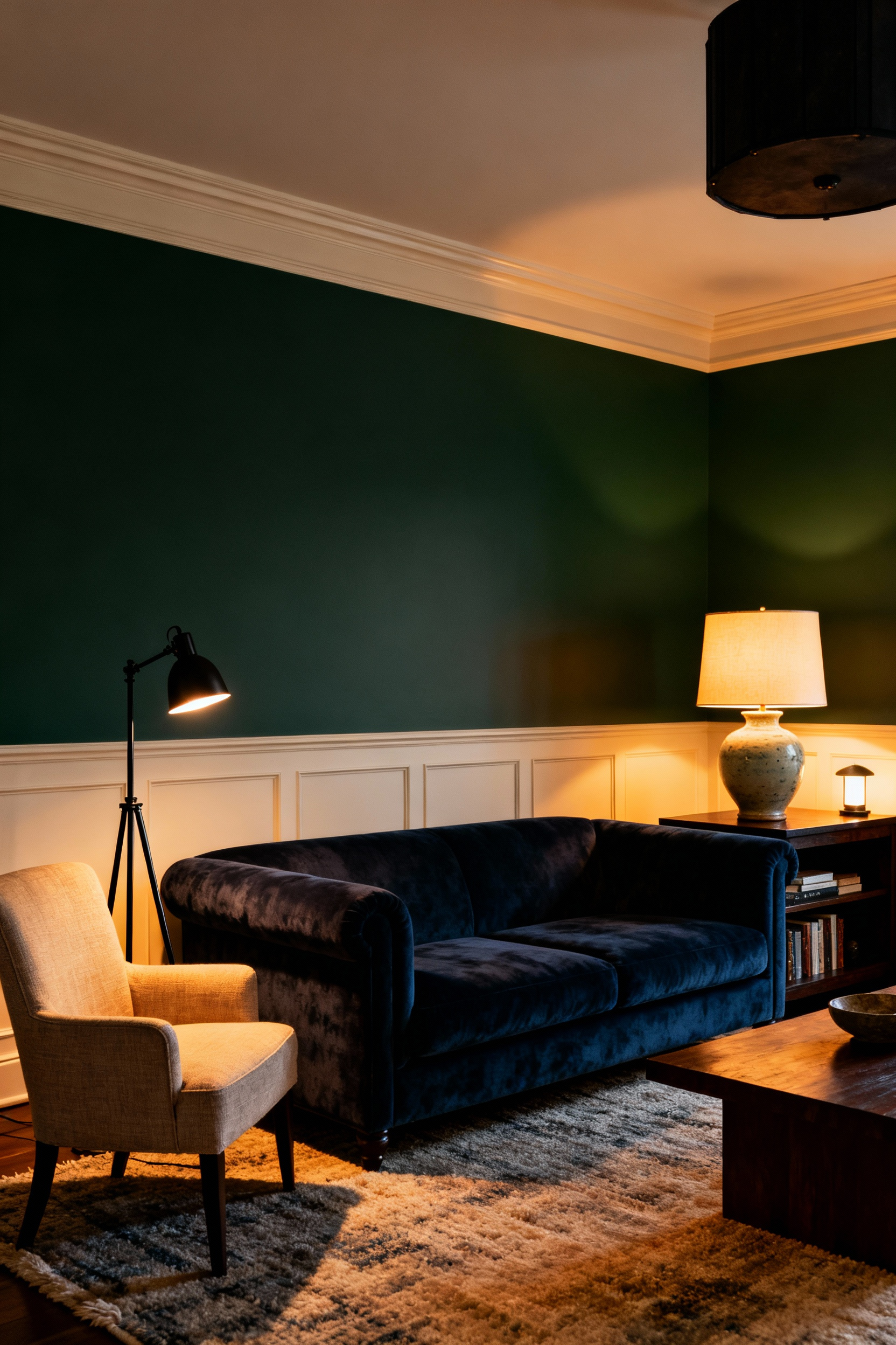 Detailed image showing a sophisticated living room at dusk, illuminated only by three distinct sources—a floor lamp and two table lamps—demonstrating effective, warm triangulated lighting.