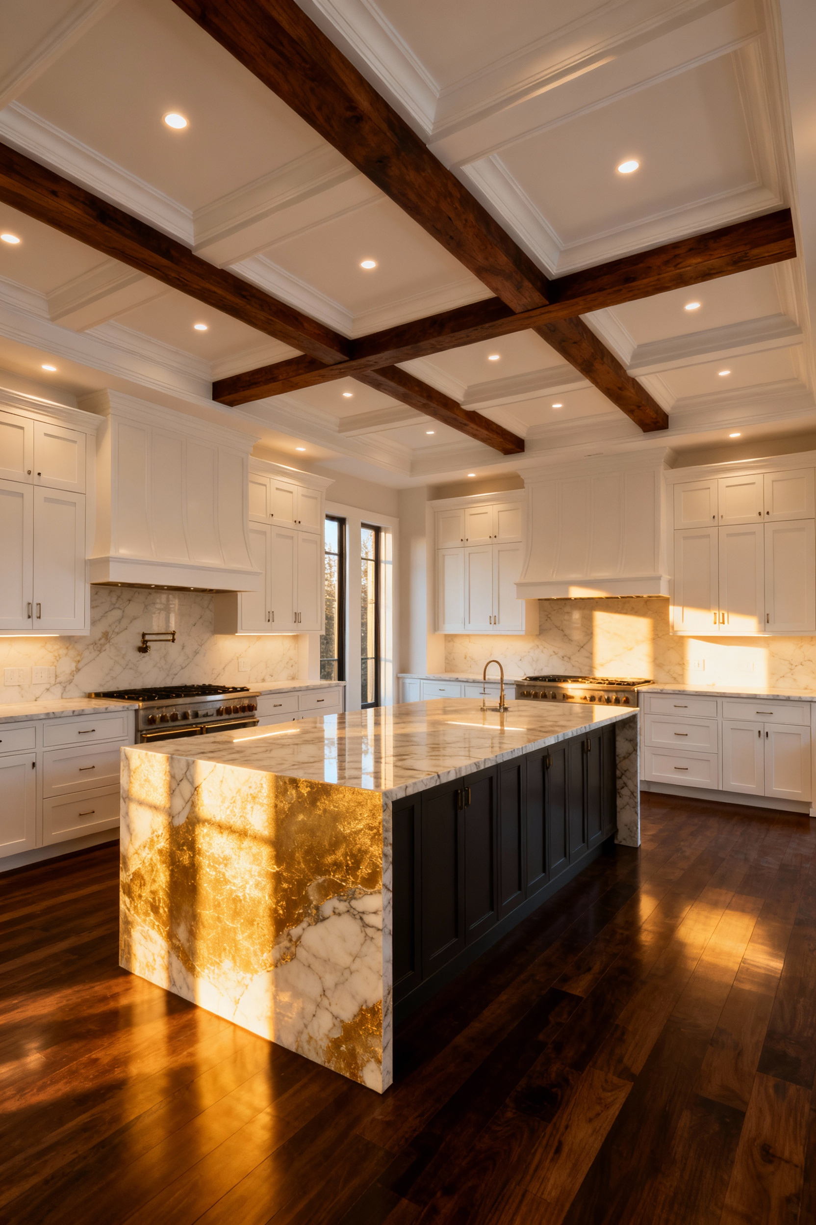 A photograph of a spacious, luxurious transitional kitchen showing high ceilings featuring intersecting dark walnut beams and white architectural coffered panels above a large marble kitchen island.