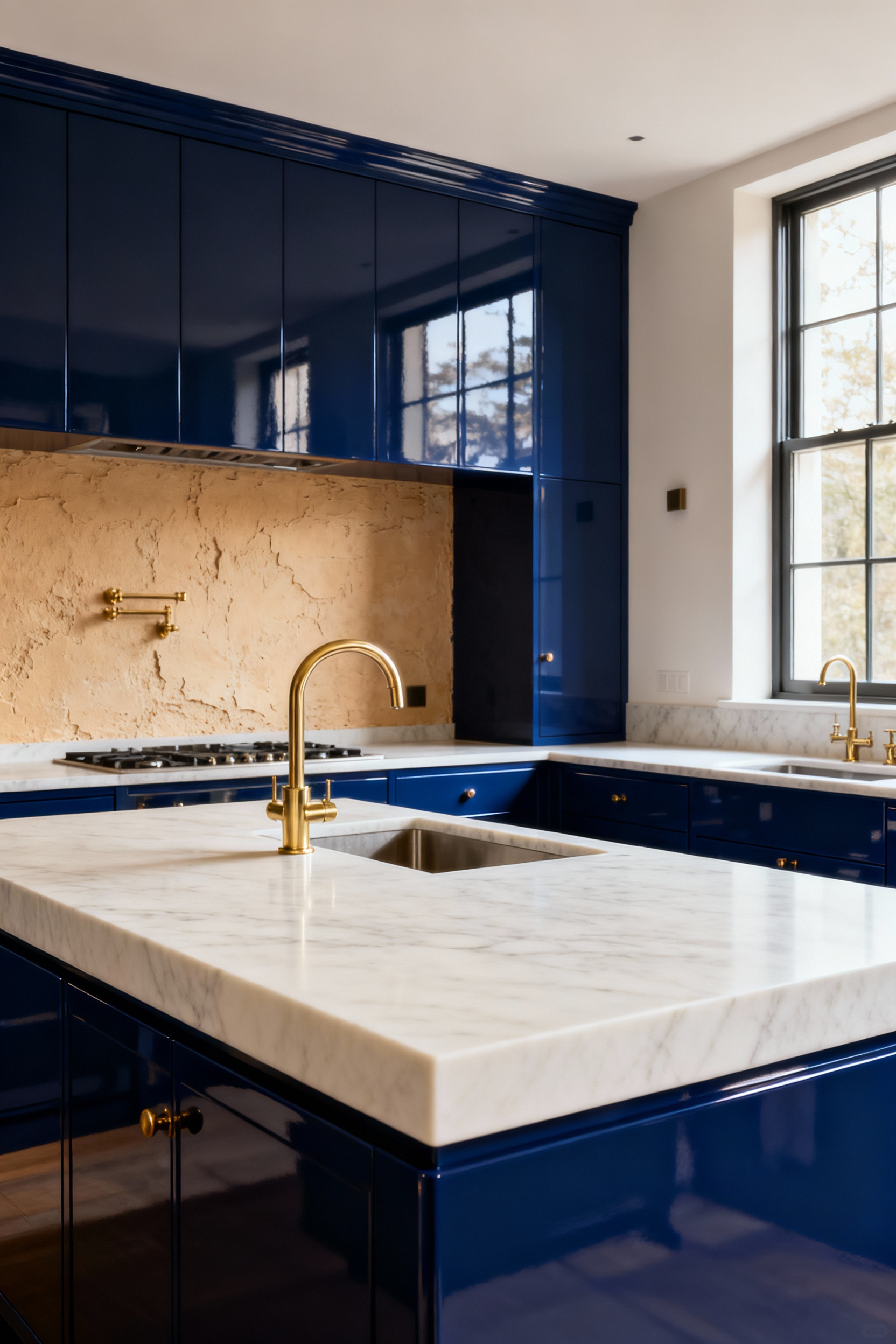 Luxurious kitchen featuring a navy blue high-gloss lacquered island juxtaposed against a matte honed marble countertop and a textured plaster backsplash, showcasing visual depth through contrasting materials.