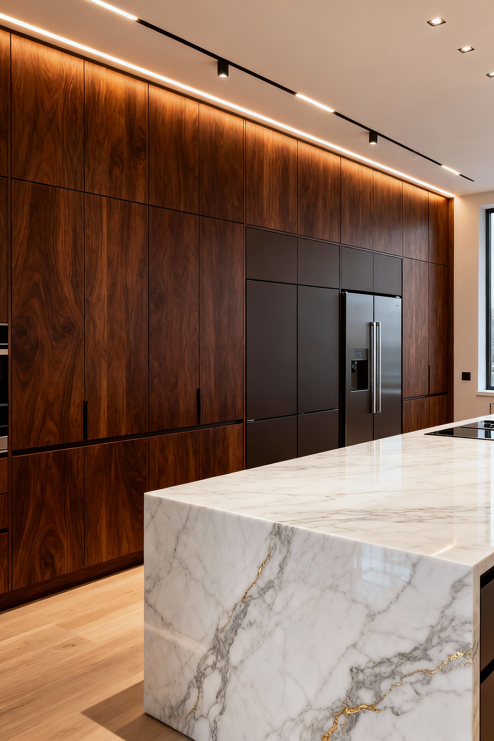 A wide view of a luxury modern kitchen featuring a sleek wall of dark, handleless cabinetry concealing panel-ready refrigerators and dishwashers for an uninterrupted visual flow.