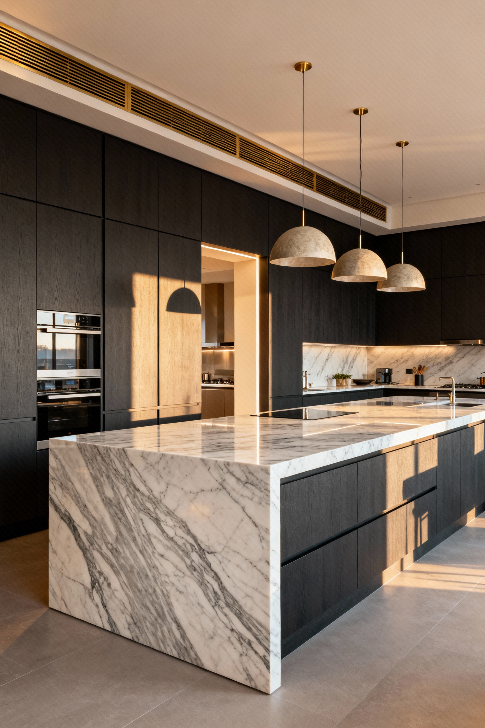 Wide shot of a luxurious, social-focused kitchen featuring a massive waterfall marble island, seamless dark wood cabinetry, and integrated appliances designed to conceal clutter and maximize flow.