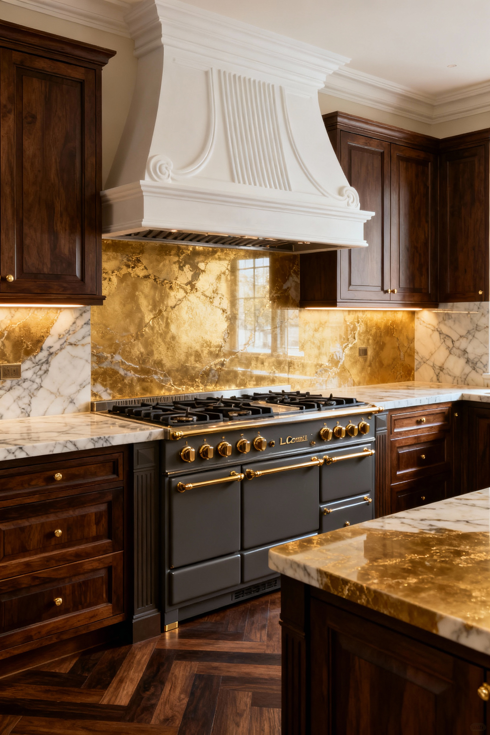 A sprawling luxury kitchen featuring a statement deep-charcoal enameled La Cornue style range with polished brass trim, set against Calacatta gold marble countertops and custom walnut cabinetry.