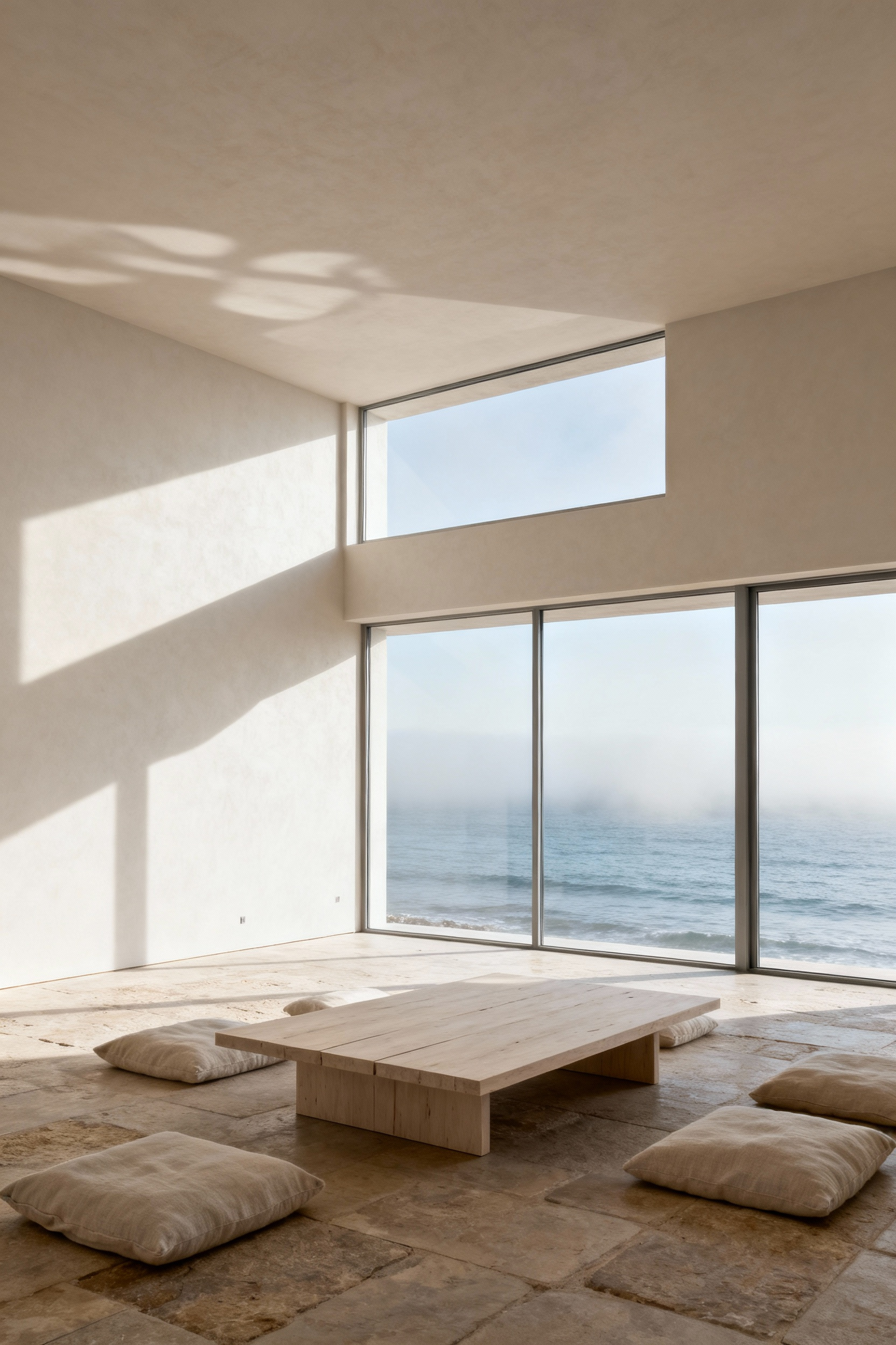 A serene, minimalist Ma coastal living room. The interior showcases deliberate emptiness with light-toned untreated wood furniture, natural linen cushions, and a stone floor, all bathed in soft natural light framing a clear ocean view, reflecting Japanese aesthetic principles for spatial poetics.