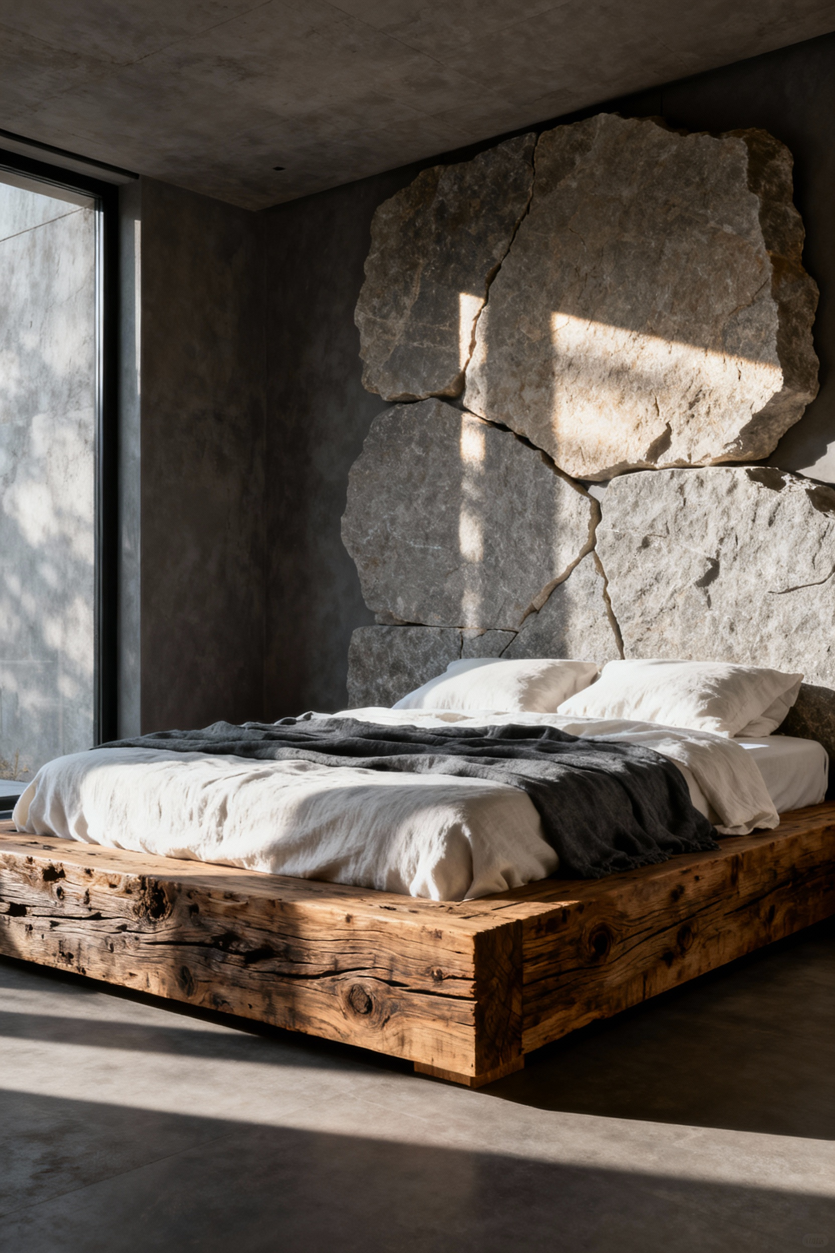 A minimalist bedroom featuring a bed frame made from unfinished, reclaimed cedar wood and a back wall covered in raw, textured limestone, emphasizing natural materials and organic imperfections.