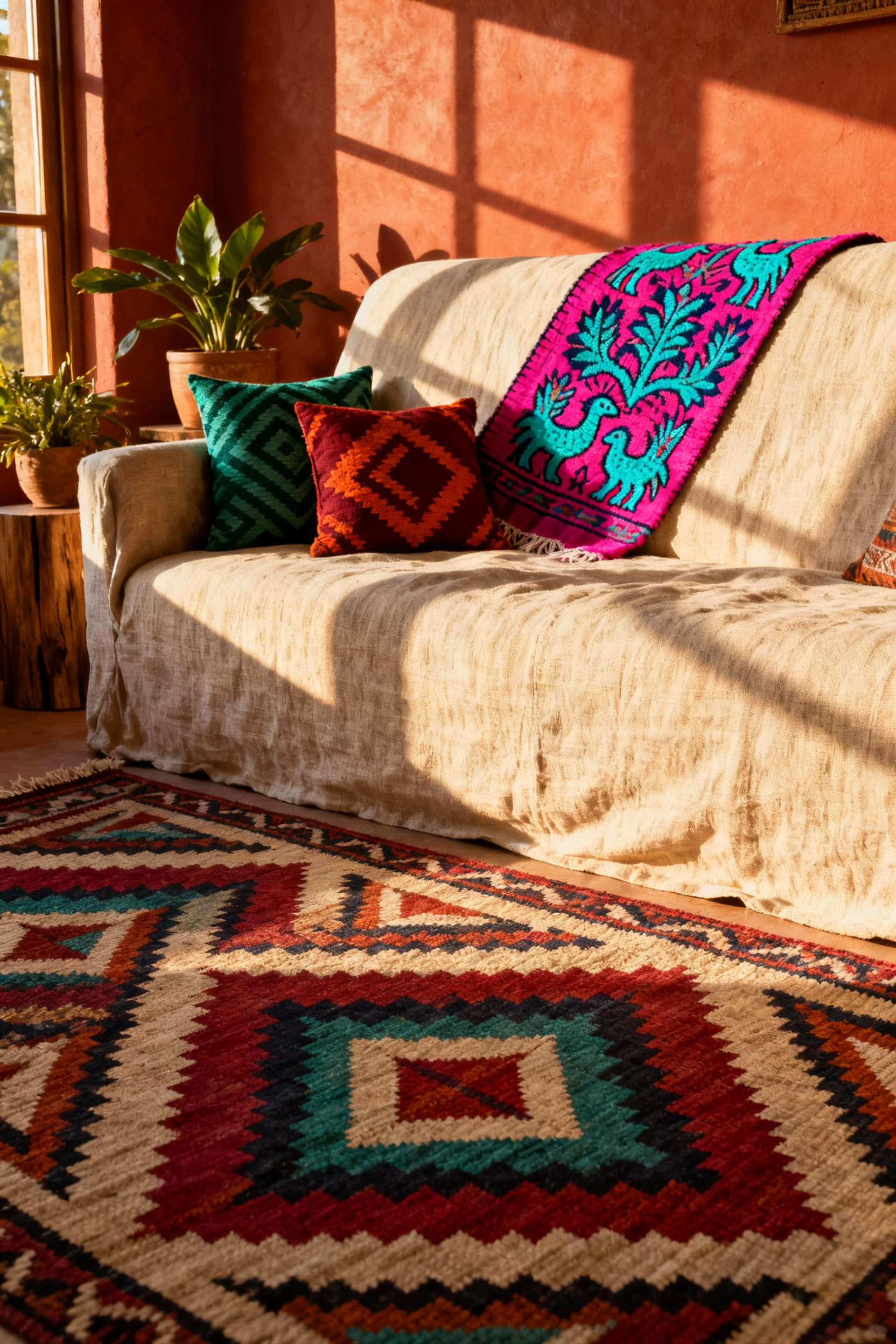 A maximalist boho living room showcasing a textile narrative: vibrant Otomi embroidery draped over a sofa, juxtaposed against sharp geometric Turkish Kilim rug patterns and blurred Ikat pillows.