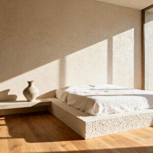 A highly minimalist bedroom interior emphasizing intentional negative space (Ma) with strong, directional golden sunlight streaming across the light wood floor, creating a quiet, restful sanctuary.