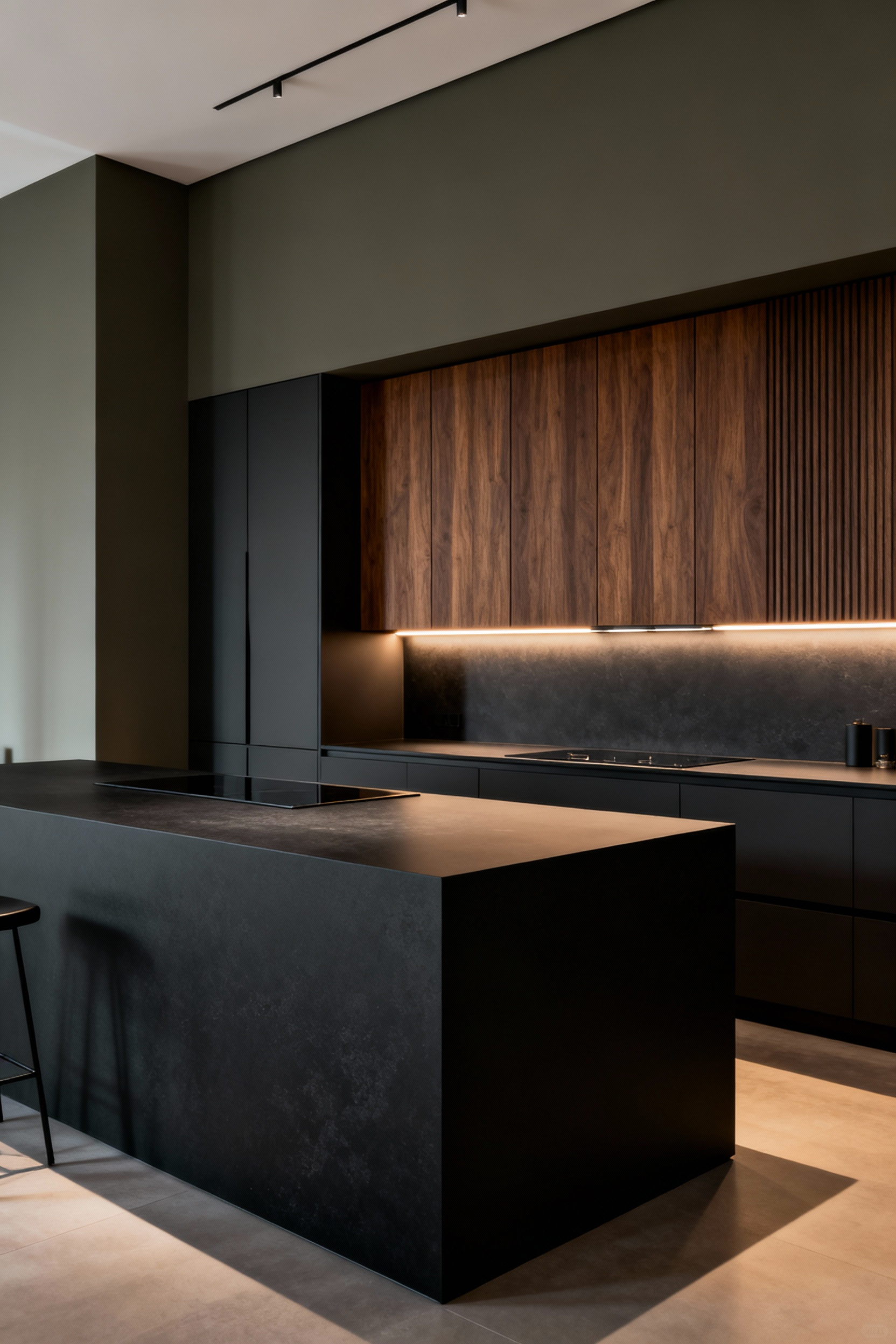 A modern luxury kitchen blending European geometry with organic warmth, featuring flat-panel rift-cut walnut cabinetry, a matte oyster black island, and deep greige walls designed for textural intimacy.