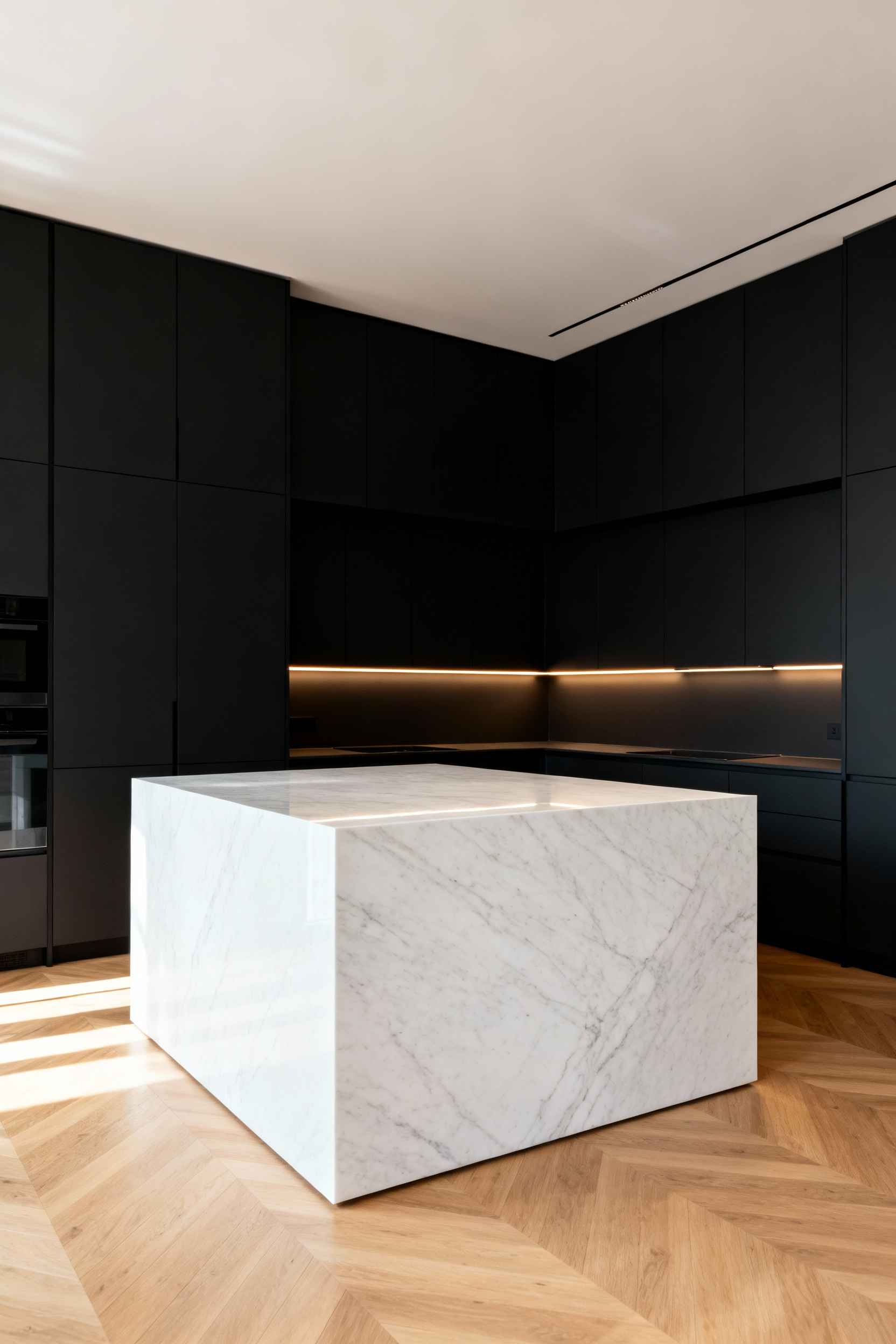 Architectural photograph showing the defined functional zones and flow of a high-end modern kitchen featuring matte black cabinets, a marble waterfall island, and clear, structured walkways.