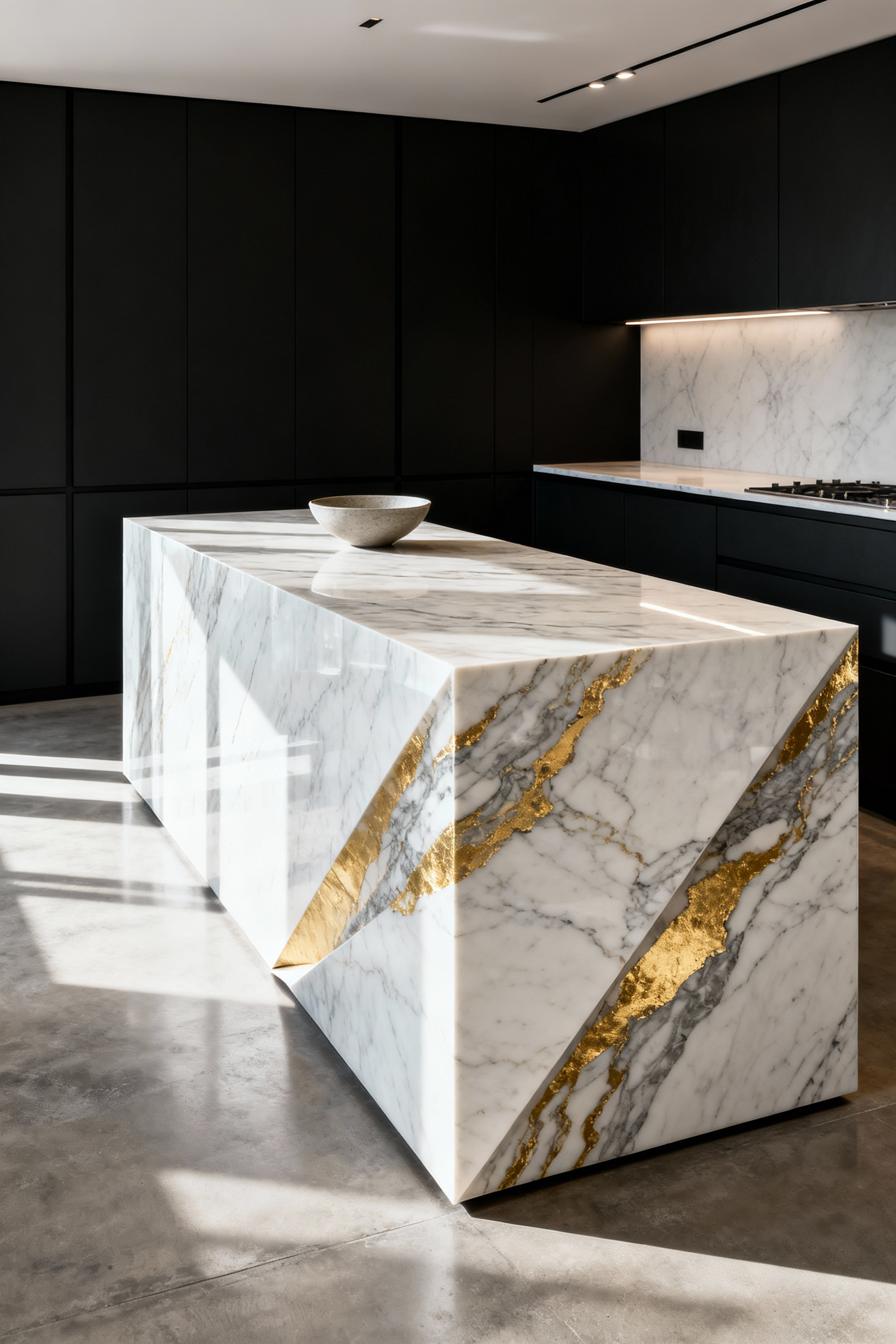 A stunning modern kitchen featuring a monumental, monolithic island made of white marble with dramatic grey and gold veining that seamlessly folds down to the floor, illustrating the seamless mitered edge technique.