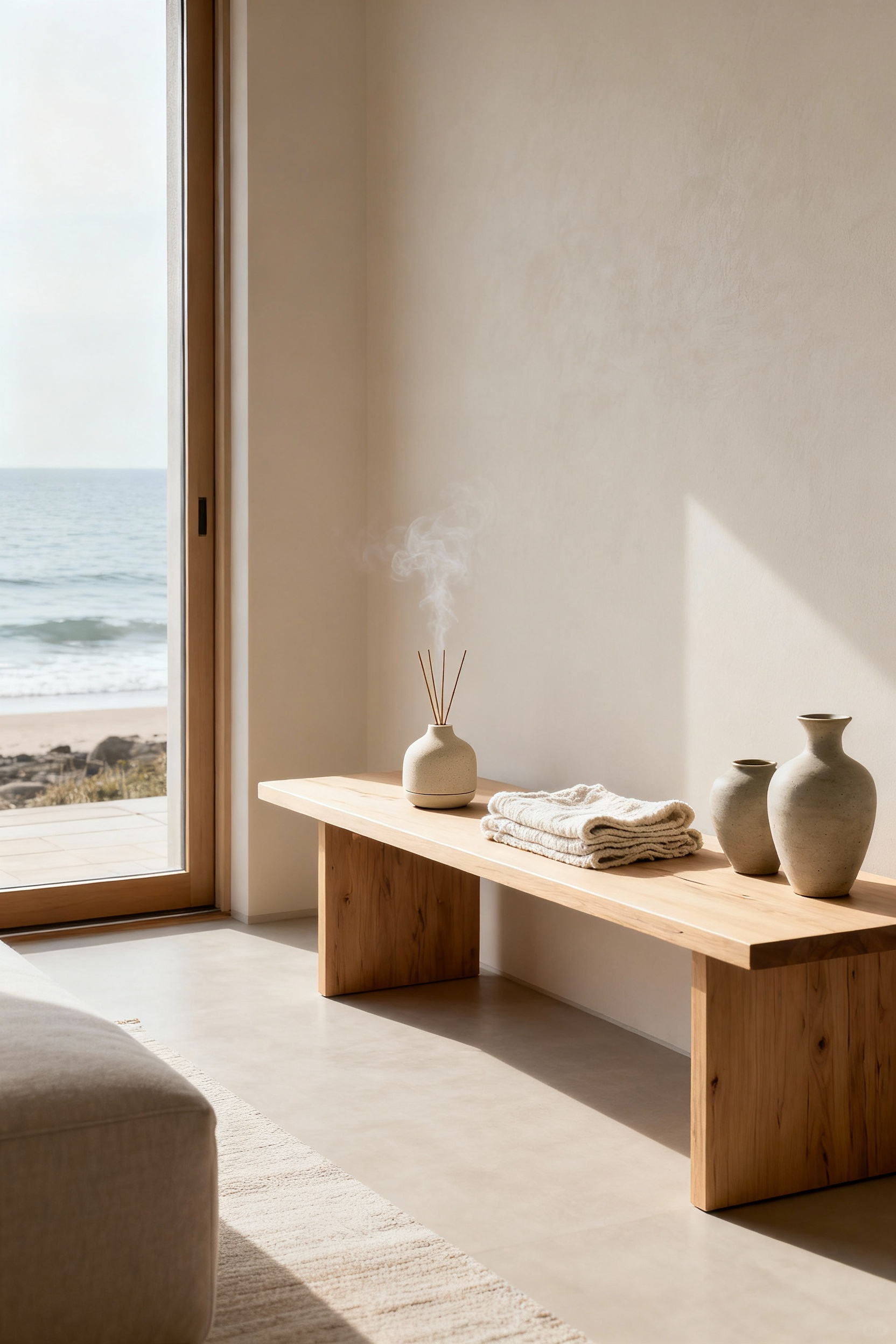 Minimalist coastal living room interior with an unglazed ceramic natural fragrance diffuser, light wood furniture, and organic textiles, bathed in soft natural light, embodying Japanese aesthetics.