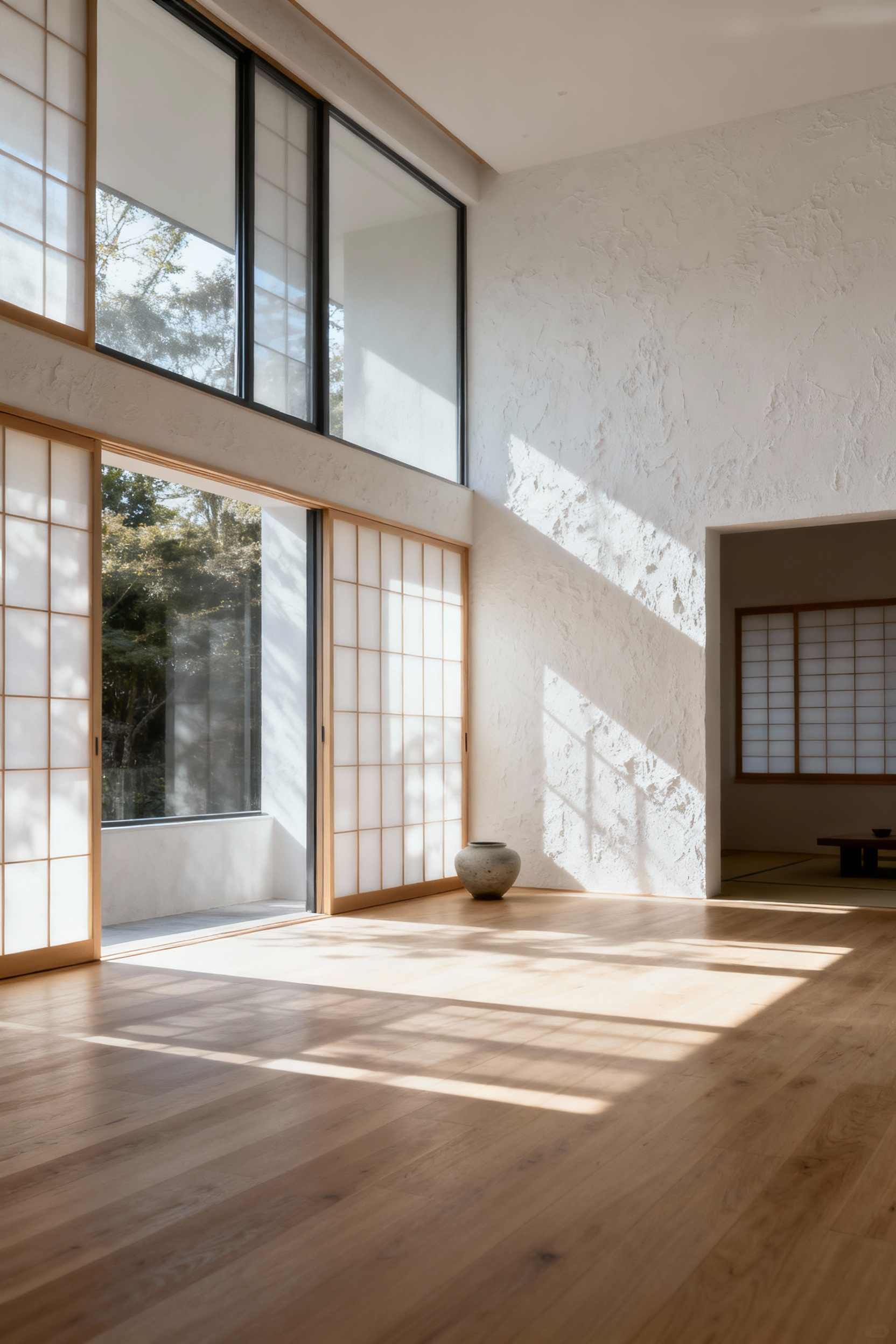Serene coastal living room featuring Japanese aesthetic, abundant natural light diffused by shoji screens, pale wood, and minimalist design creating soft shadows and a tranquil atmosphere.