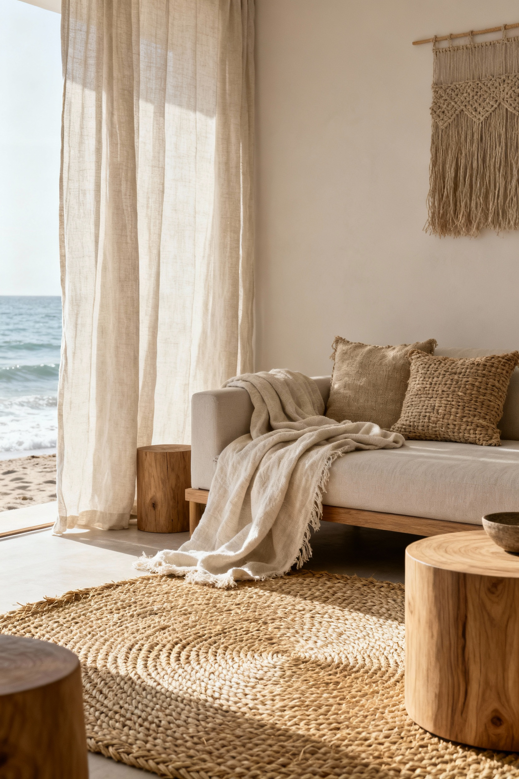 Coastal living room with layered natural raw fiber textiles, featuring unbleached linen drapes, hand-knotted seagrass rug, organic cotton throws, and hand-spun hemp cushions, creating visual depth and acoustical softness in a minimalist aesthetic.
