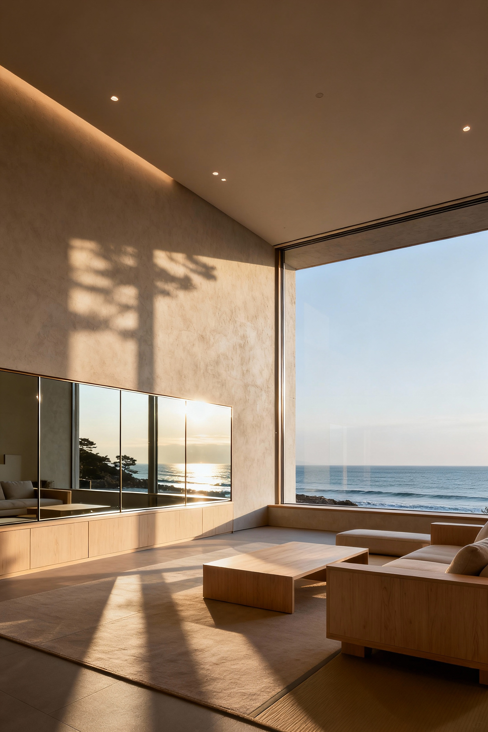 A tranquil coastal living room showcasing a polished plaster wall strategically reflecting natural light to create an expansive, serene space, enhancing perceived volume and diffusing ambient radiance.