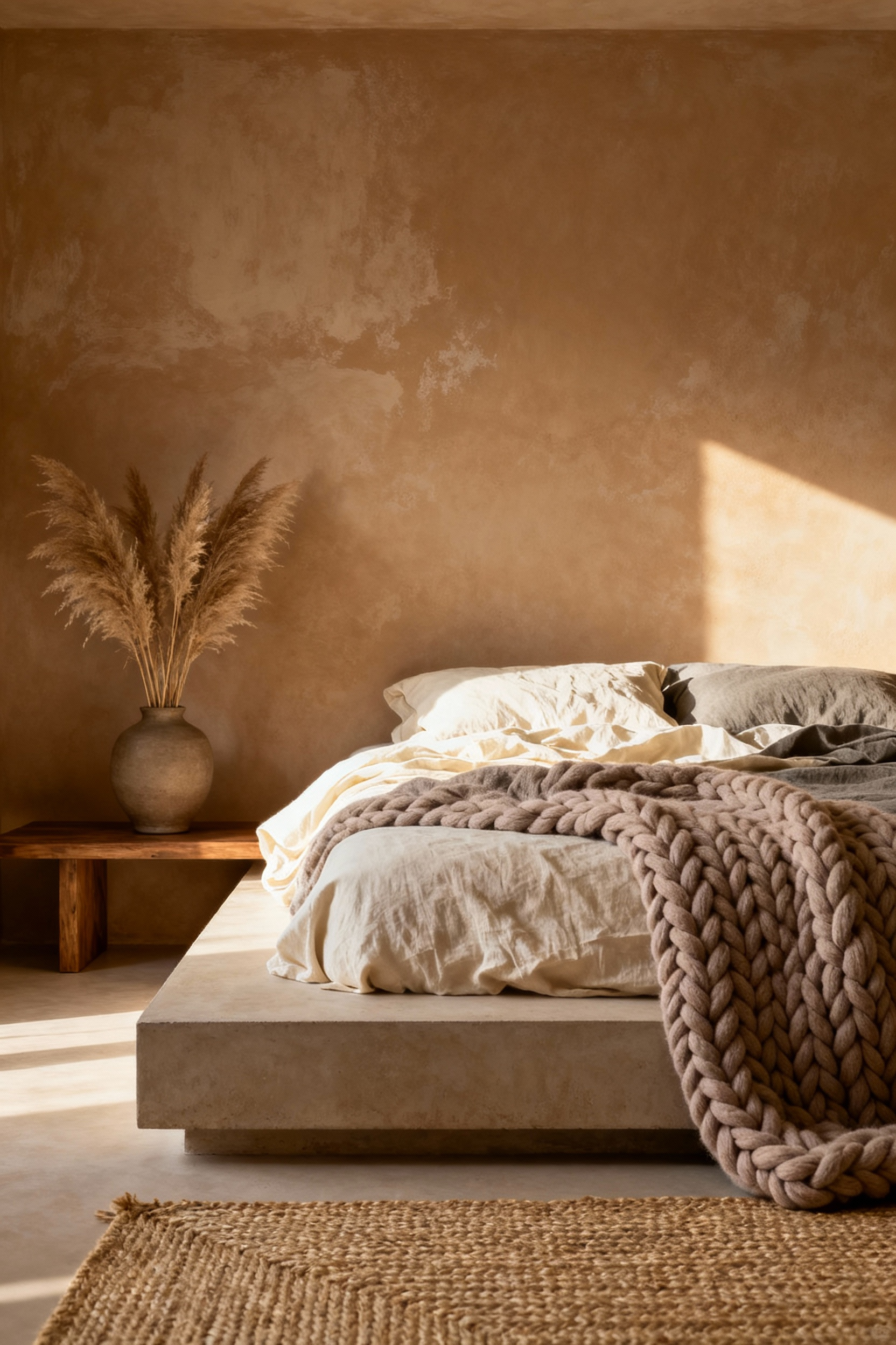Bedroom featuring layered linen bedding and unbleached earthen neutral tones, emphasizing rest and soft, diffused lighting.