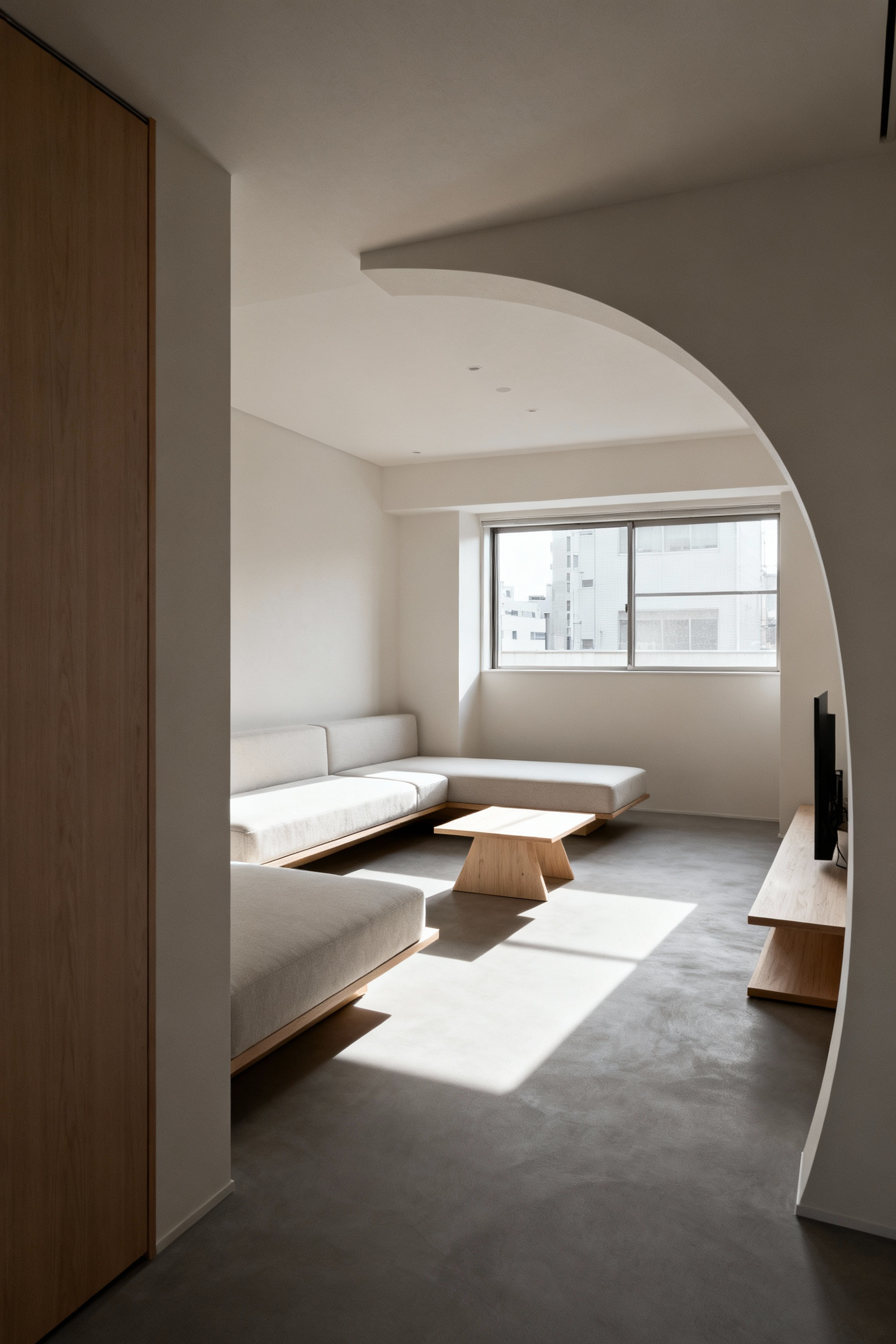 Minimalist urban apartment living room with clear, wide pathways and subtle Japanese-inspired furniture, showcasing serene and unimpeded Omotenashi movement. Soft light highlights natural textures.
