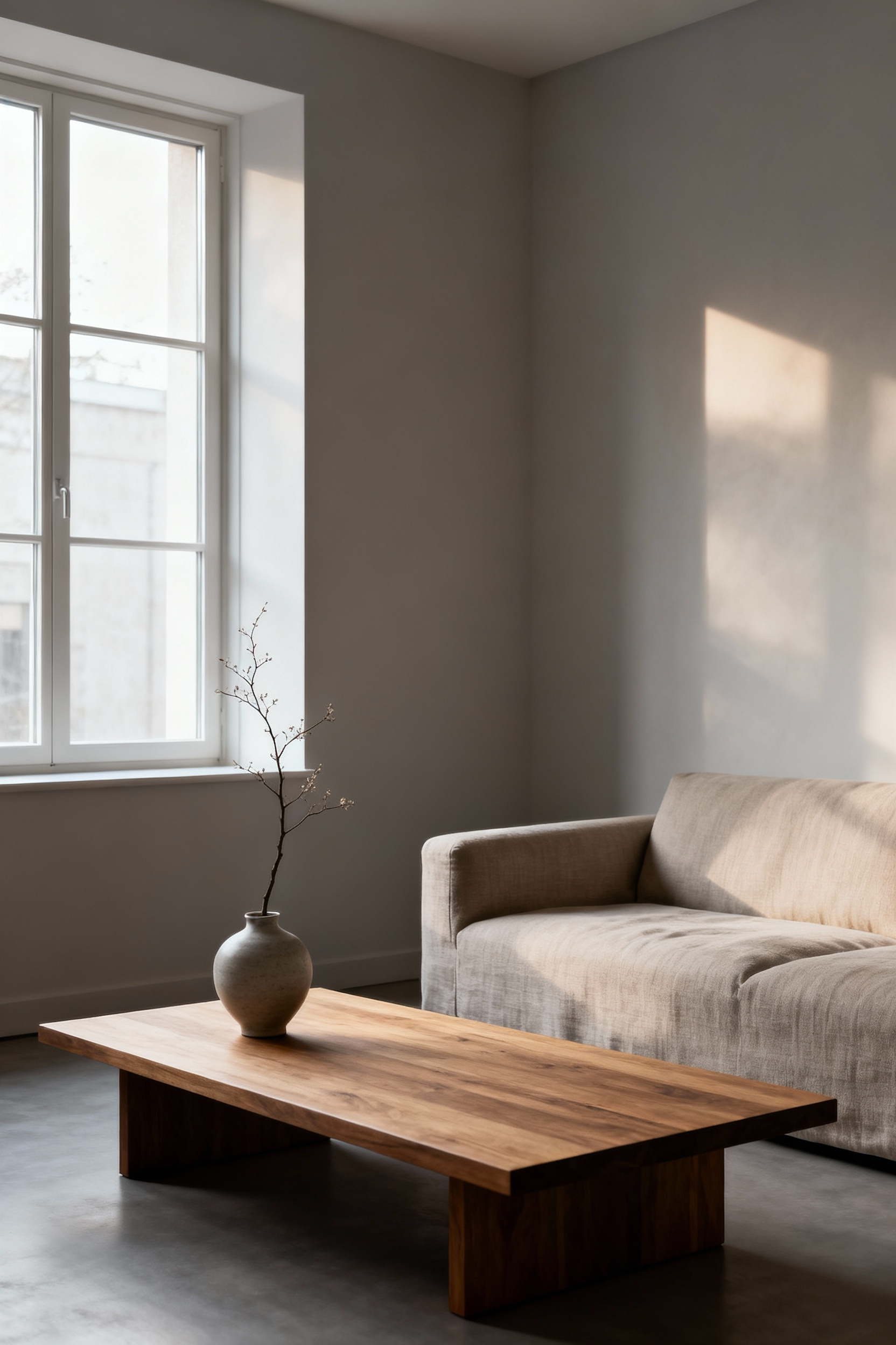A minimalist apartment living room embodying essentialism, featuring a clean layout, natural materials like light wood and linen, and carefully selected decor for a sense of visual calm. Soft, natural light fills the uncluttered space, emphasizing curated selection.