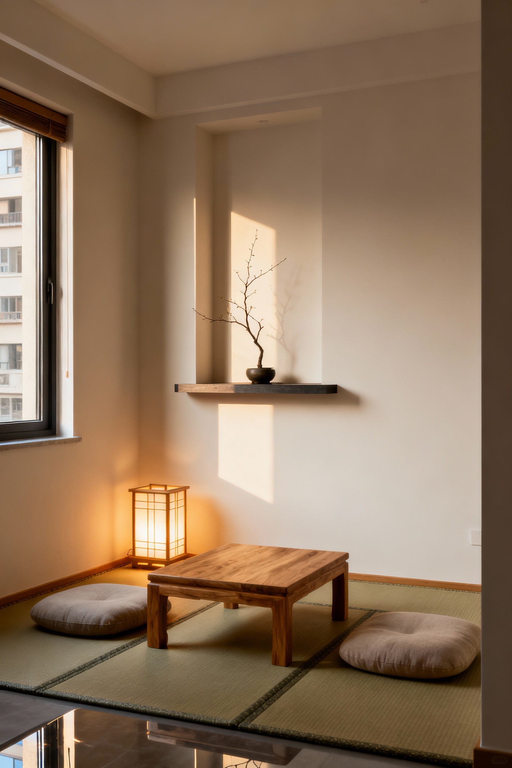 A serene Chado corner in an apartment living room with a tatami mat, low chabudai table, zabuton cushions, ikebana, and andon lamp for mindful reflection.