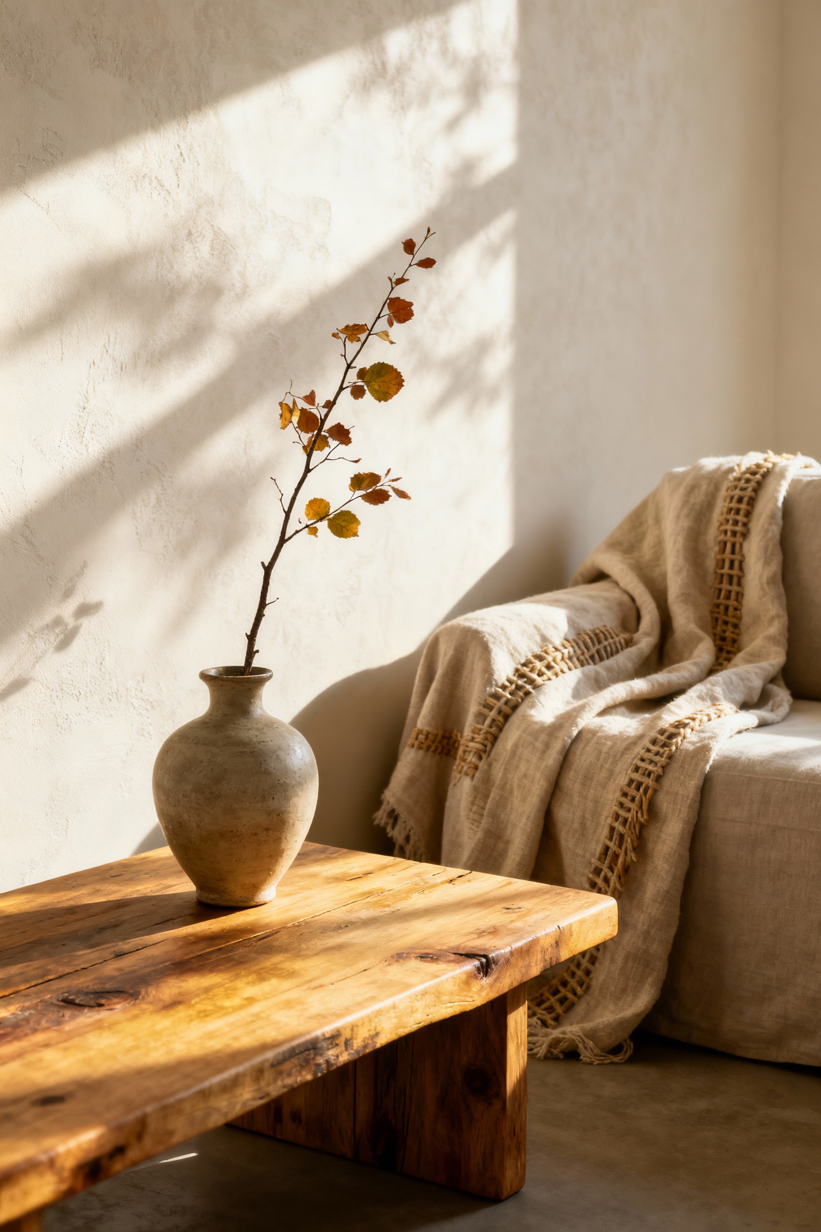 Serene living room with untreated wood coffee table and single seasonal branch in a ceramic vase, bathed in soft natural light, embodying Mono no Aware and transient beauty.