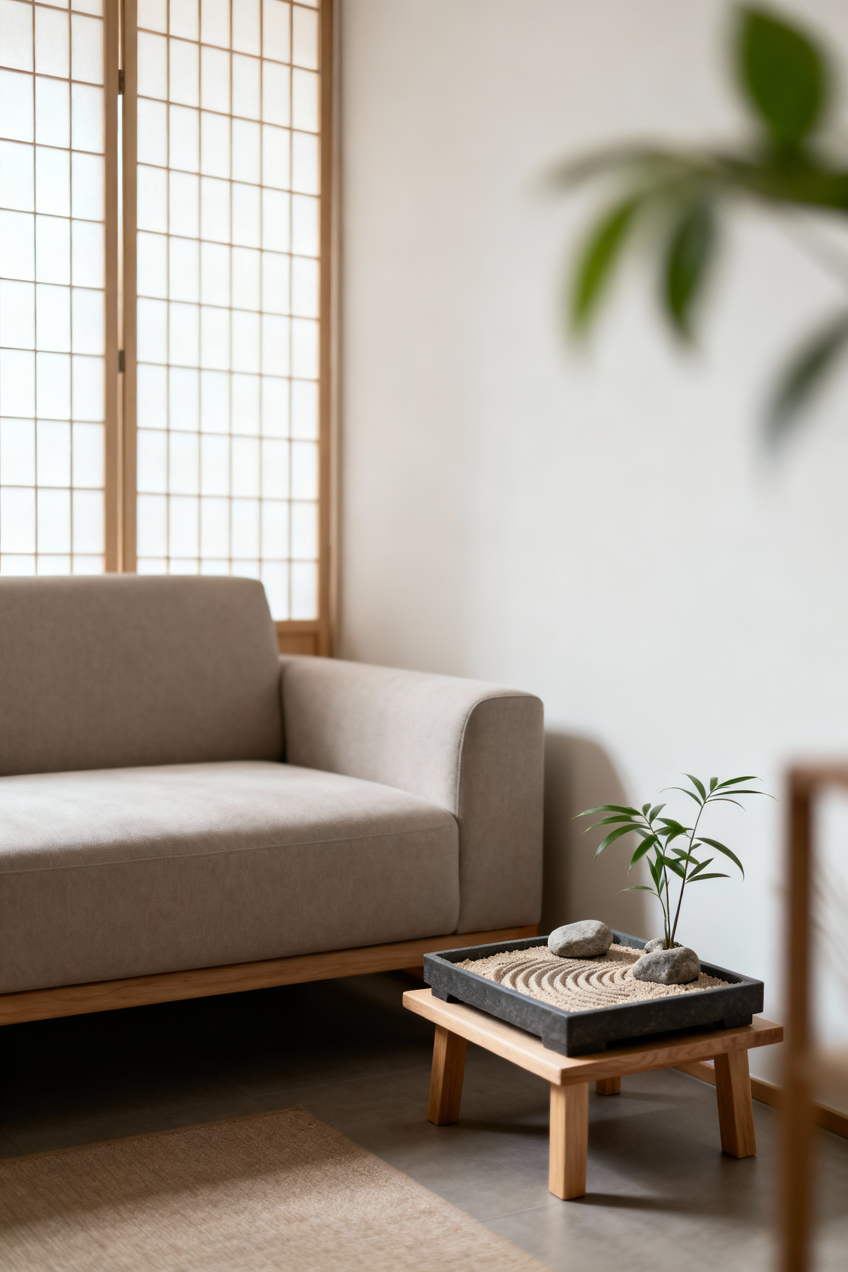 Serene apartment living room embodying Ikigai with minimalist decor, low-profile furniture, diffused shoji-screen light, and a small Zen garden. Represents purposeful design and mindful living space.