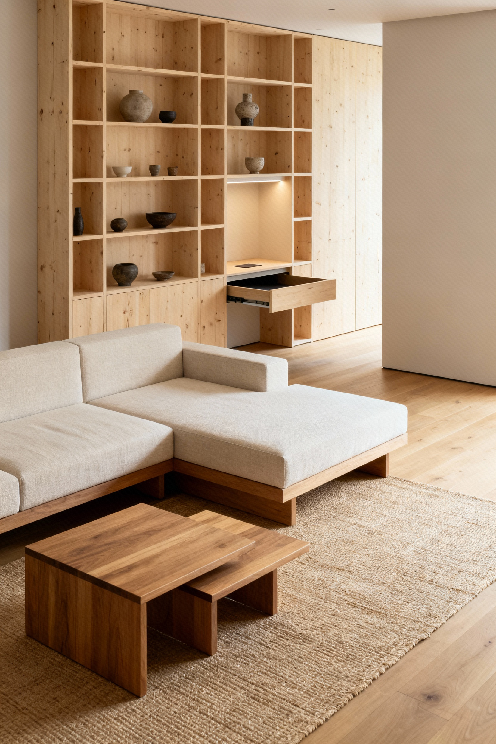 Zen apartment living room with light wood flooring, a modular linen sofa, and minimalist multi-functional wooden shelving defining subtle zones for relaxation and a tucked-away work area. Soft natural light, no people.