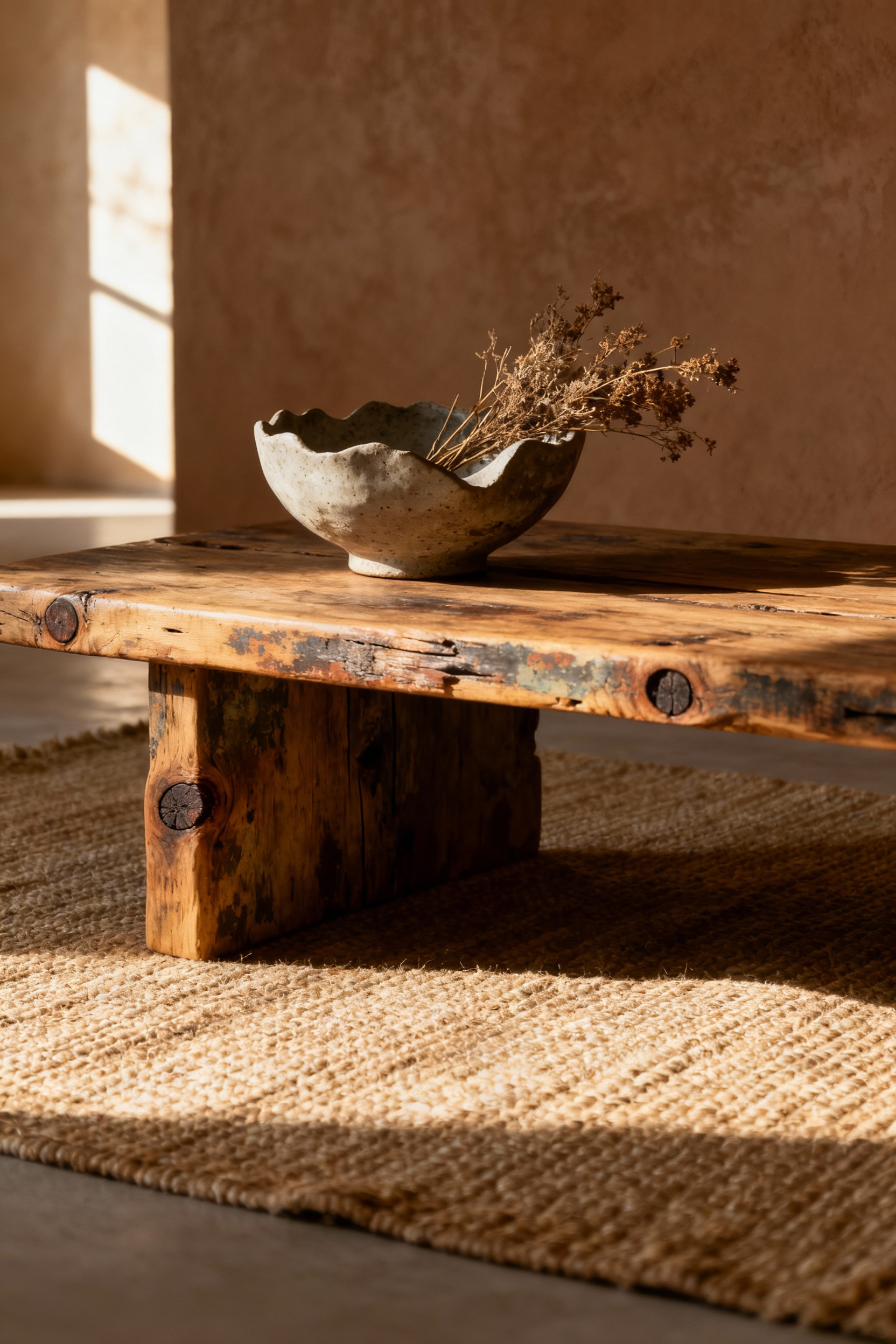 Wabi-Sabi apartment living room with reclaimed timber coffee table and hand-thrown ceramic bowl, showcasing aged wood and natural imperfections.
