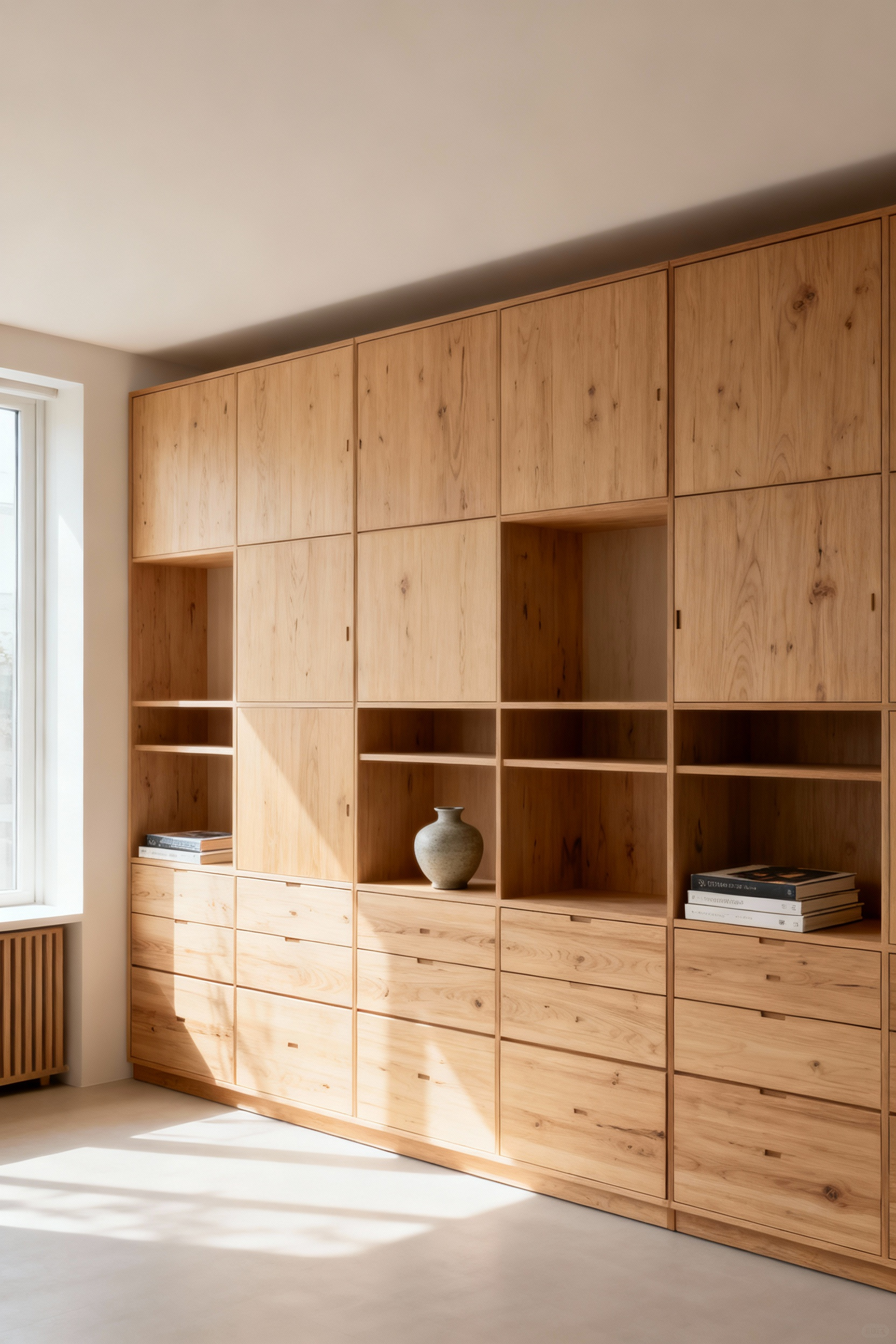 Harmonious living room featuring a modern Tansu-inspired modular storage system made of light wood, minimalist decor, natural light, and carefully arranged items, promoting a decluttered, zen aesthetic.