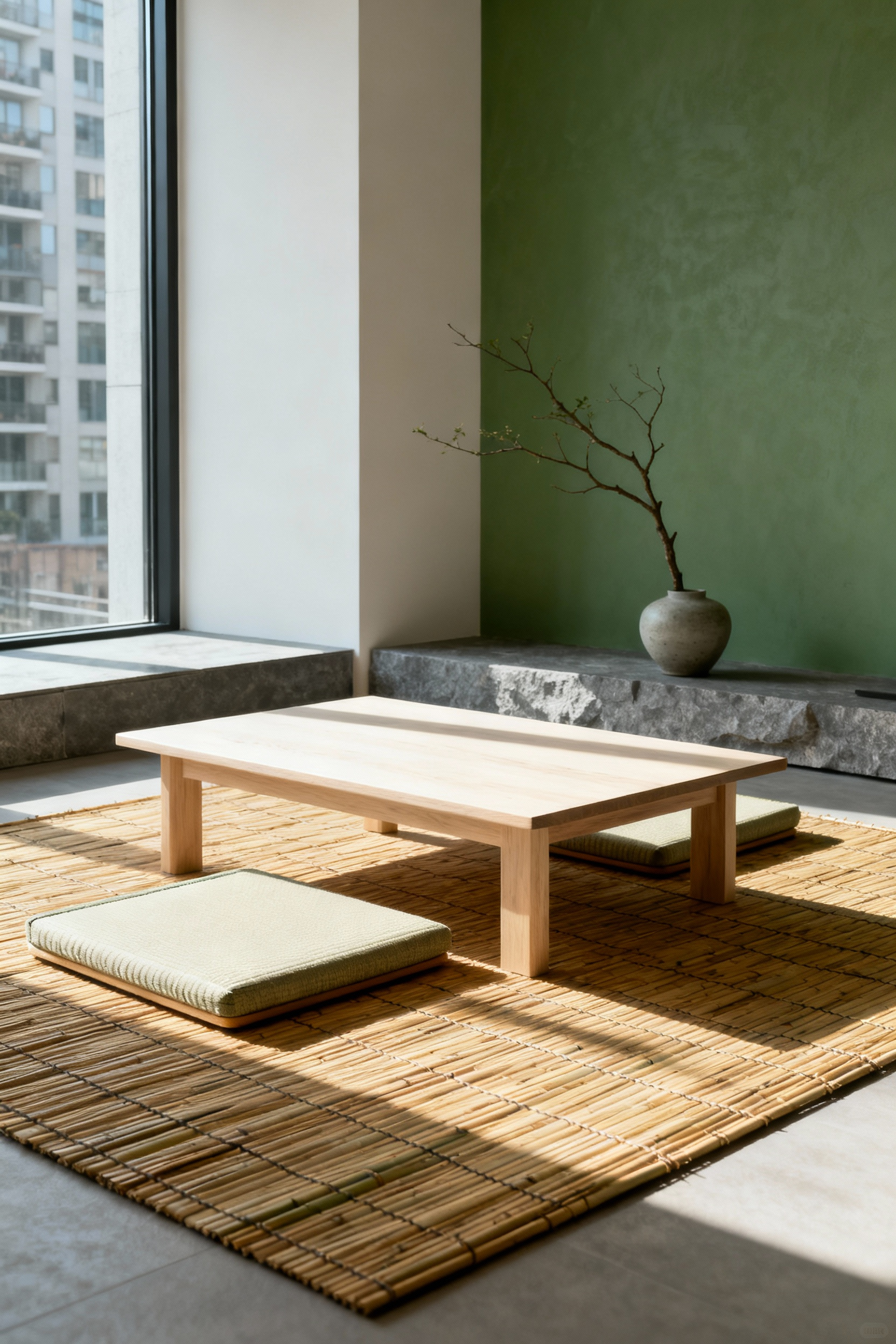 Portrait of a serene urban apartment living room embodying Kankei design with minimalist wooden furniture, natural light, and intentional negative space.
