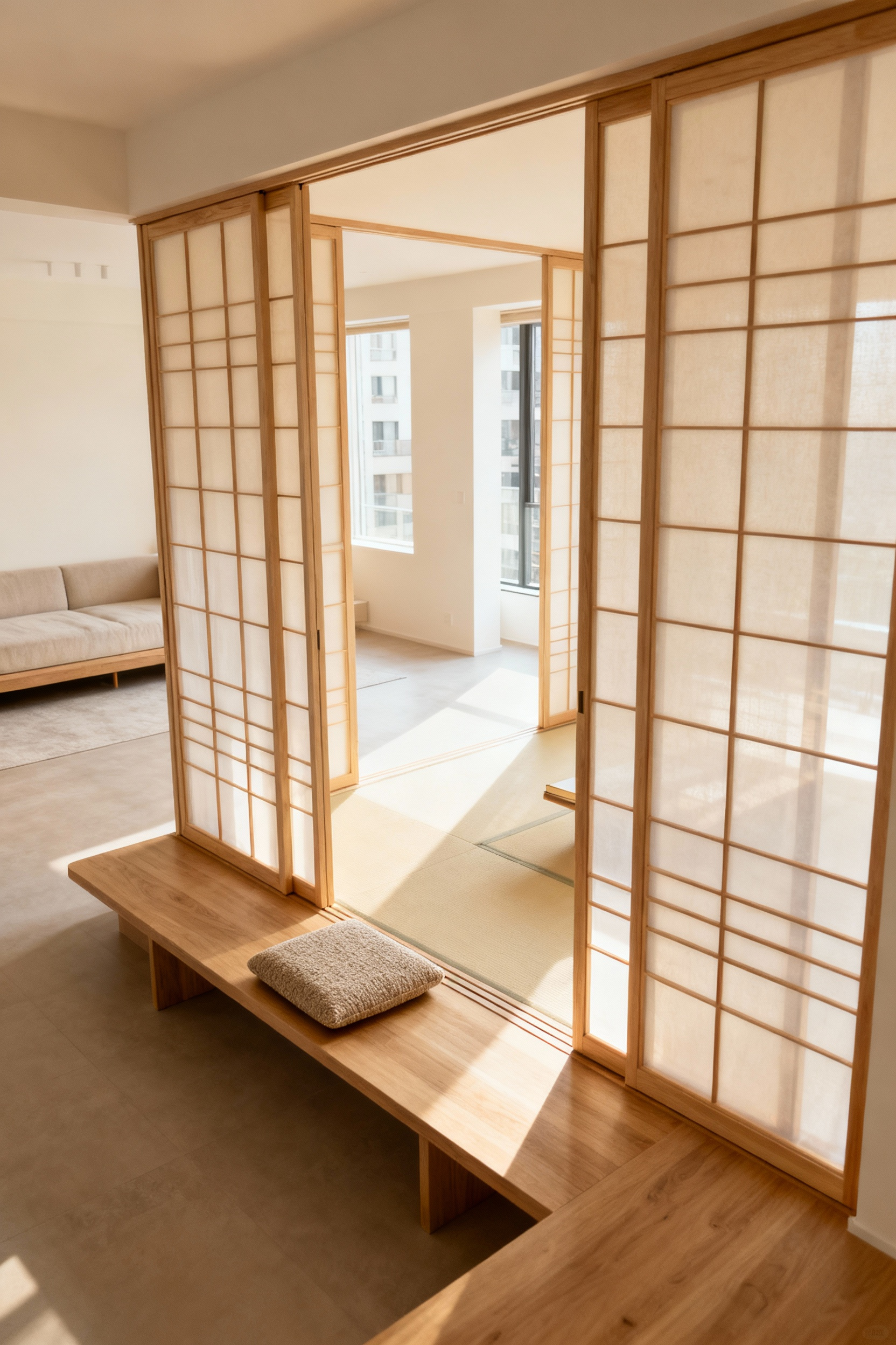 A portrait image of a minimalist apartment living room with a shoji screen acting as an ephemeral room divider, softly segmenting the space while allowing light through, creating a Zen ambiance.