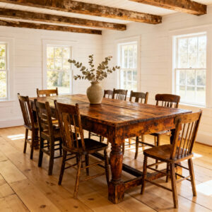 Rustic farmhouse dining room showcasing an antique wooden heirloom table with vintage chairs and natural light.