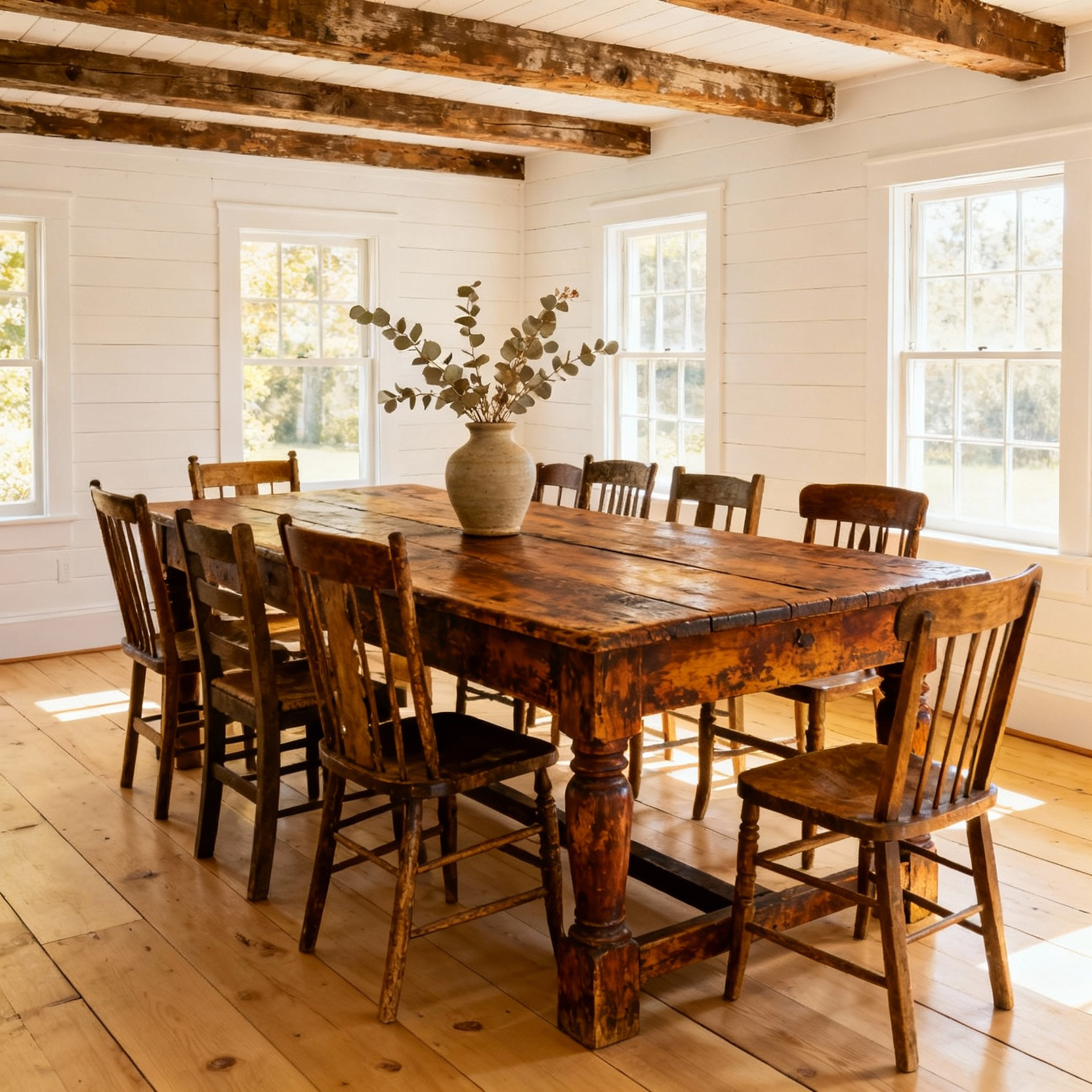 Rustic farmhouse dining room showcasing an antique wooden heirloom table with vintage chairs and natural light.