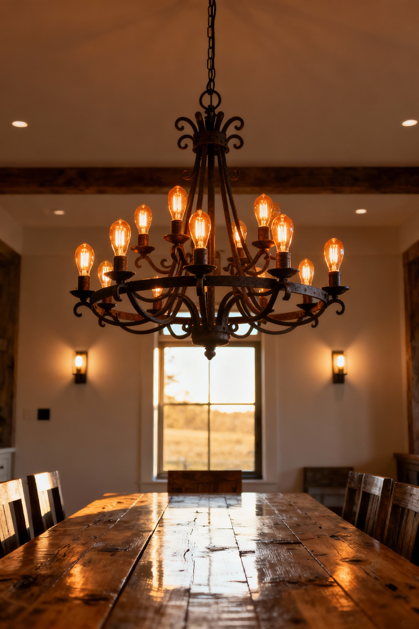 A large, ornate wrought iron chandelier with exposed Edison bulbs provides warm ambient light over a grand distressed oak dining table in a rustic yet elegant farmhouse dining room. The room has layered lighting.