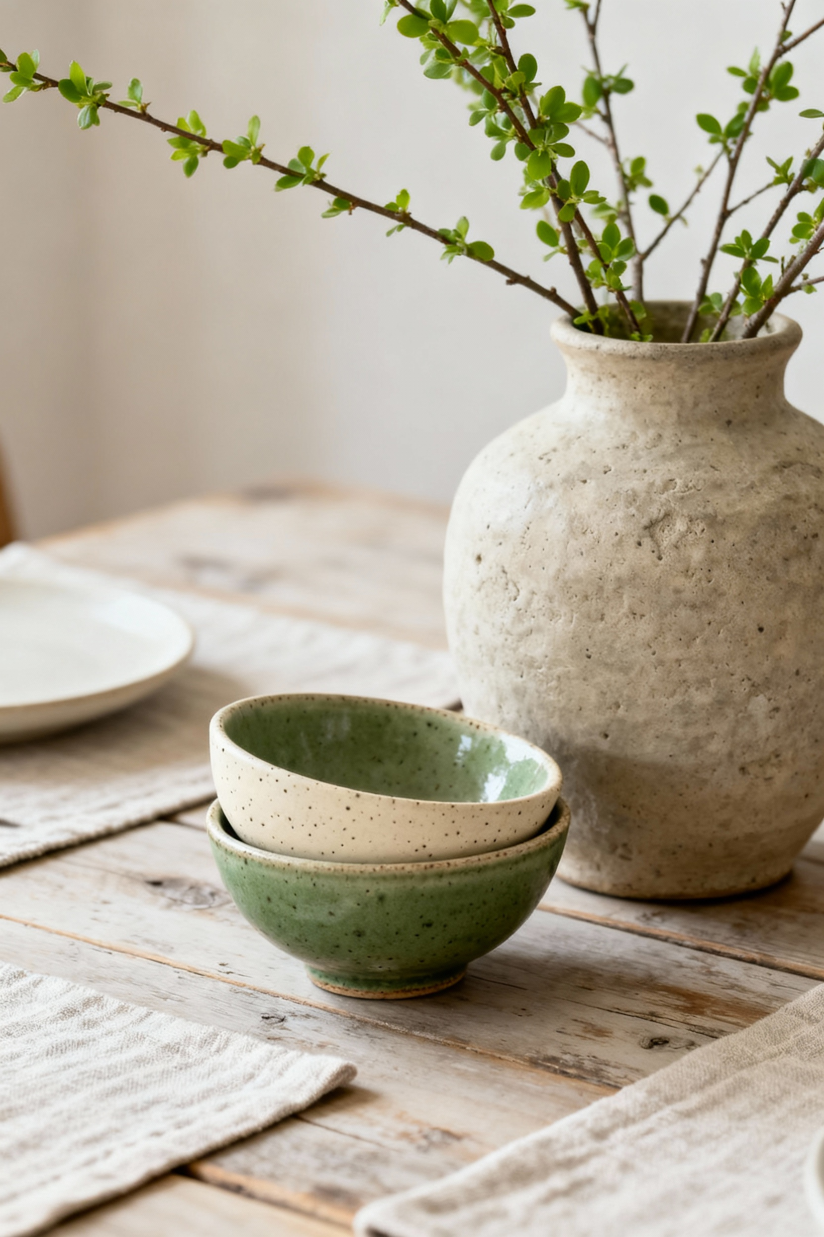 Styled farmhouse dining room table with a layered collection of handcrafted ceramic and stoneware dishes and vases in earthy tones.