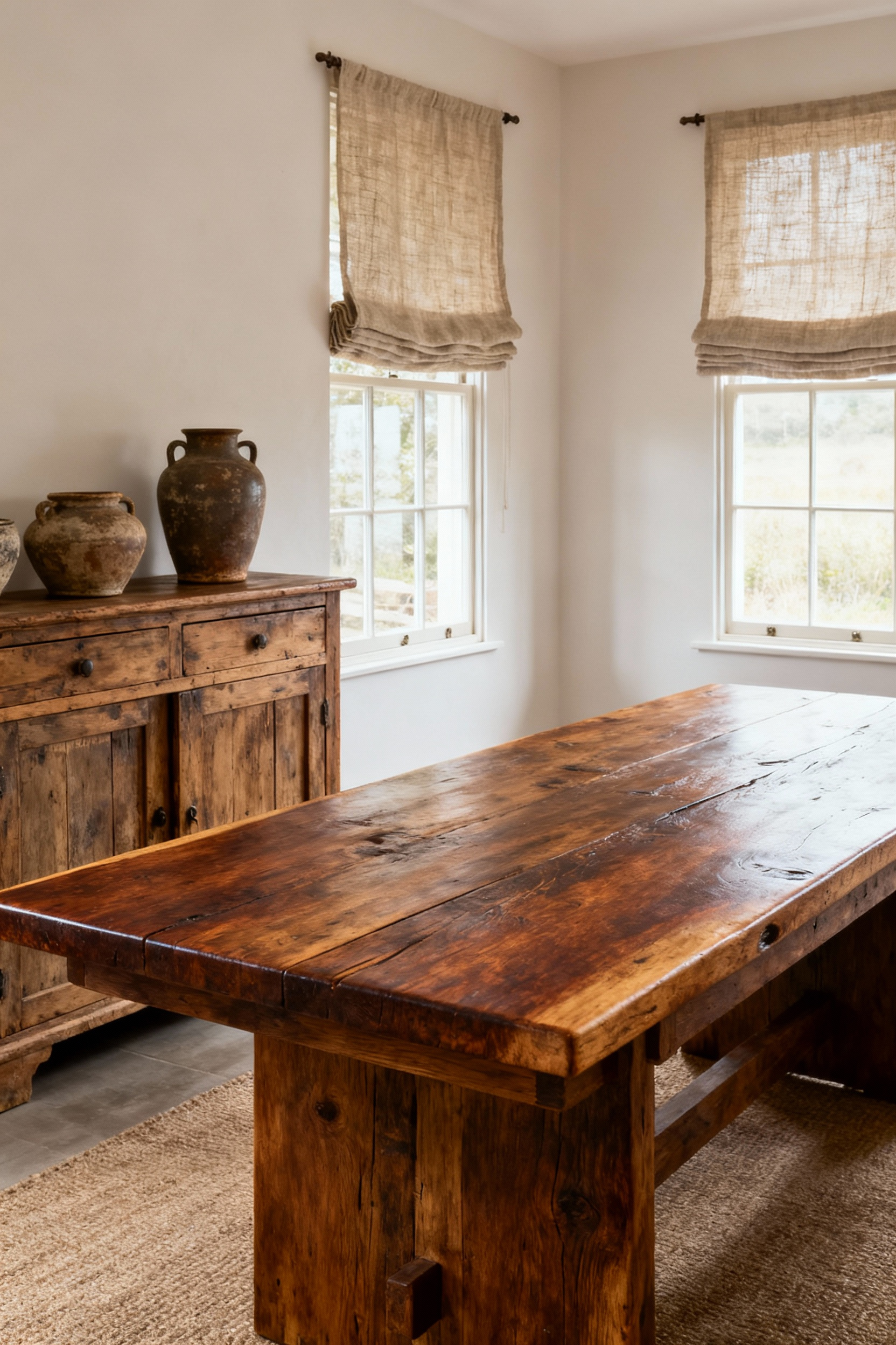 Farmhouse dining room with a solid oak table and antique sideboard, showcasing resilient and gracefully ageing design with natural materials and a rich patina, designed to endure over time.