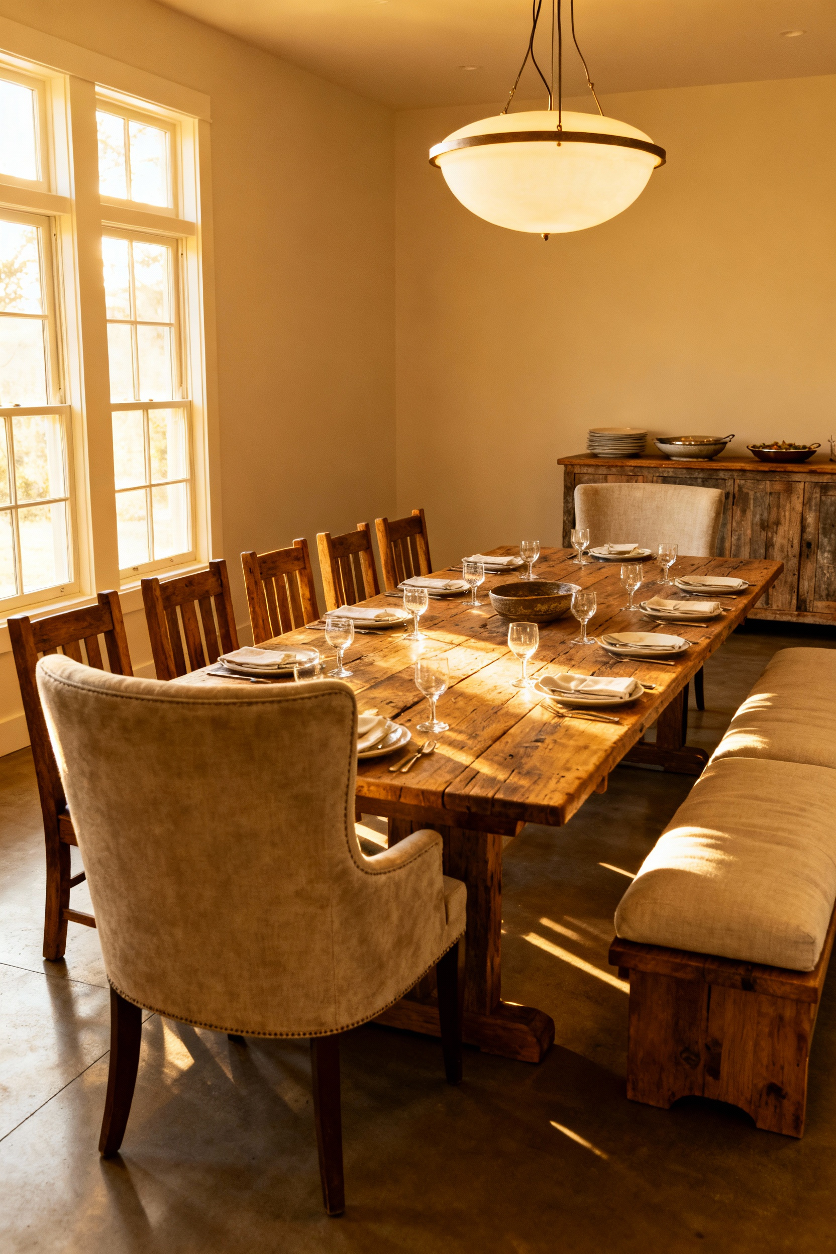 Farmhouse dining room with a long wooden table, mixed seating including upholstered chairs and a bench, ample space for communal dining, and an accessible sideboard under warm natural light.