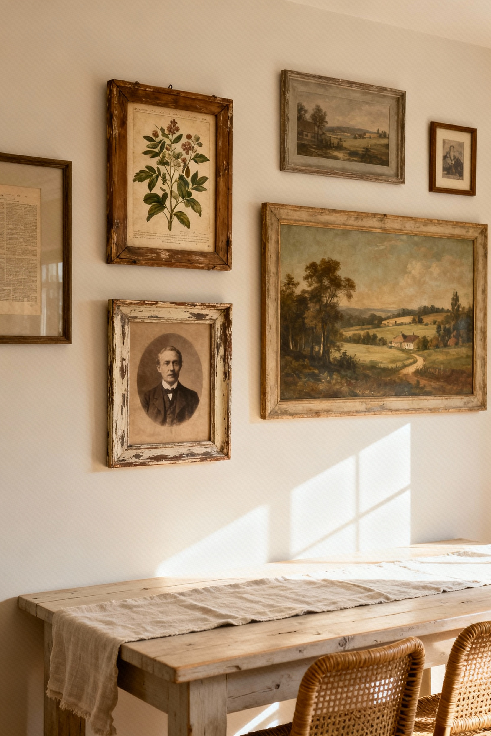 A curated gallery wall in a farmhouse dining room featuring an antique botanical print, a sepia-toned ancestral photograph, and a vintage landscape oil painting, creating a personal and inherited narrative.