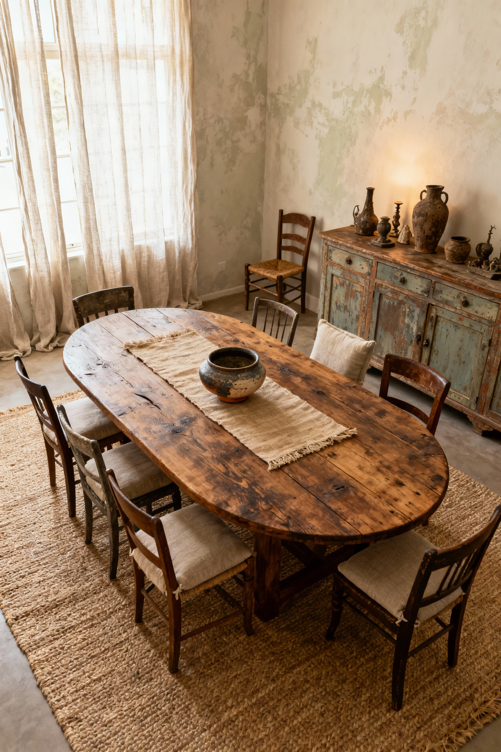 Cozy farmhouse dining room with soft, layered lighting, an oval wooden table, comfortable chairs, and rustic decor, designed for easy conversation and connection.