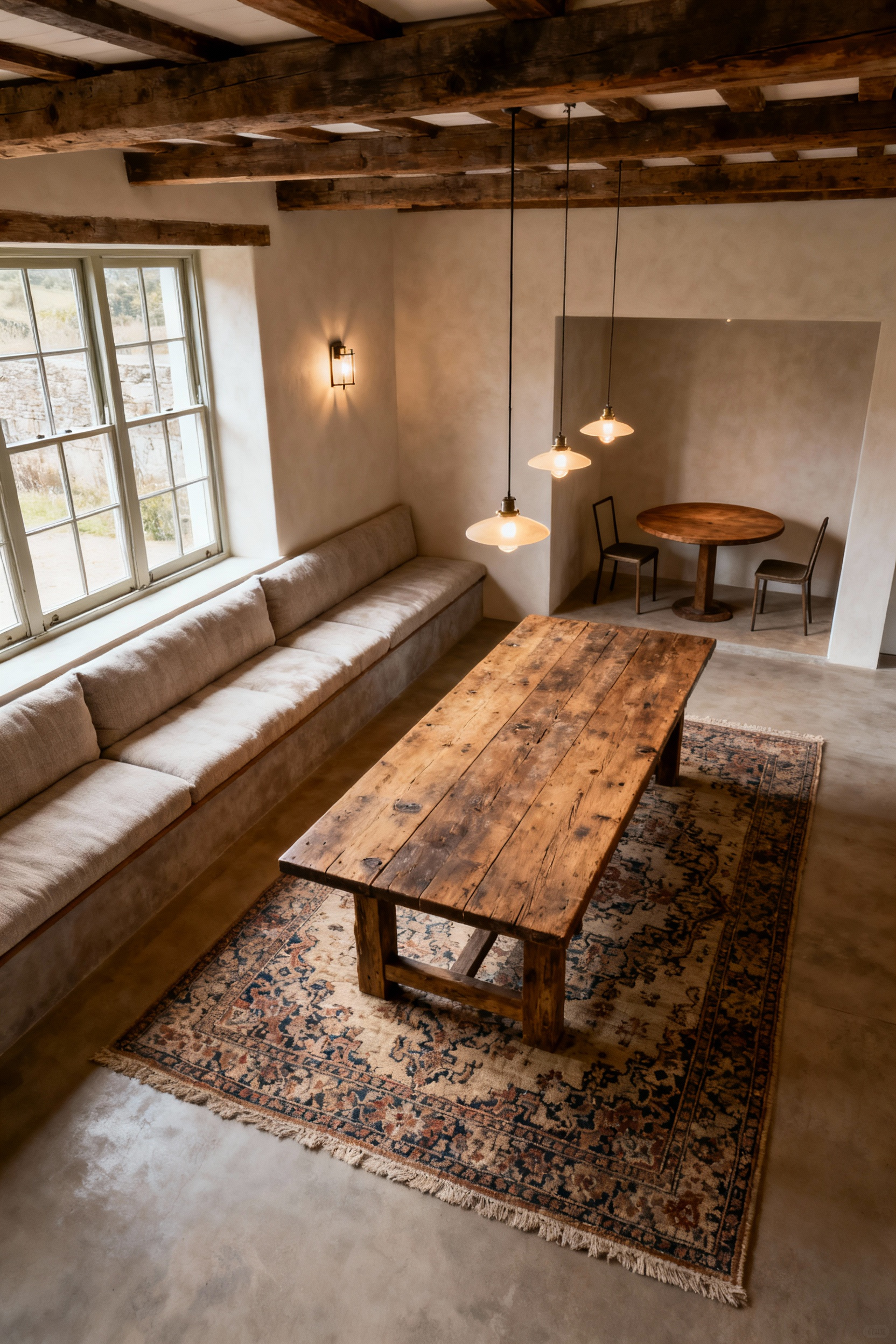 A professional wide-angle view of a farmhouse dining room showcasing two distinct zones: a large rustic oak table for grand gatherings on an antique rug, and a cozy window banquette with a smaller round table for intimate meals, bathed in warm natural light.