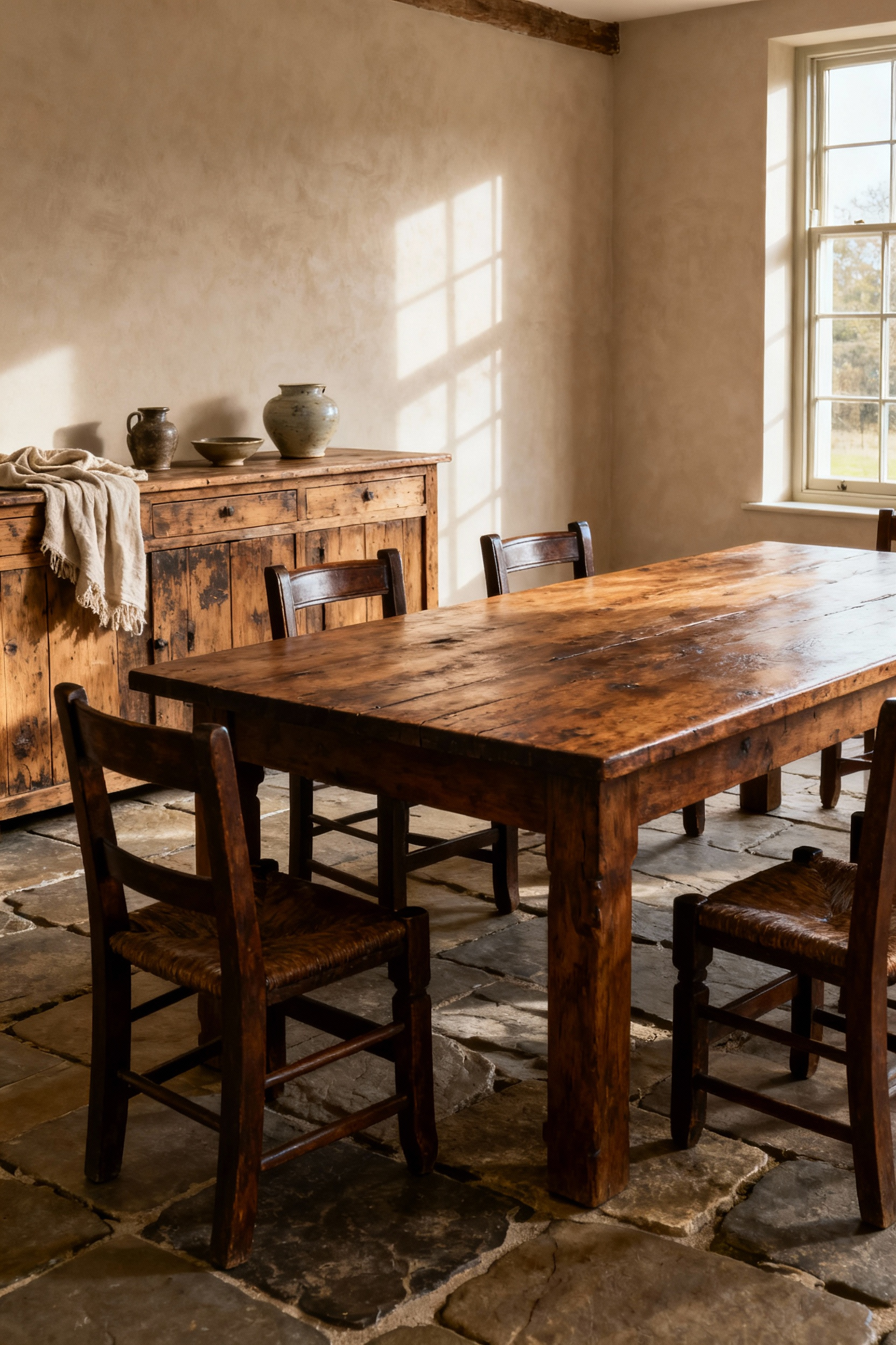 Farmhouse dining room with a large, antique English oak table, reclaimed elm sideboard, flagstone floor, and heirloom ceramics, illustrating timeless design for generational continuity.